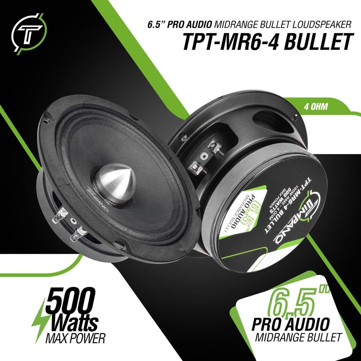 Timpano 1600 Watts Bundle 2X 6.5 Midrange Speakers TPT-MR6-4 Bullet 500 Watts, 4 Ohm + 2X Super Tweeters TPT-ST2 Chrome for Car Audio Systems (2 Speakers, 2 Tweeters) image number 5