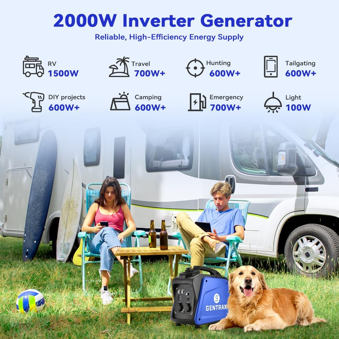 Gentrax Portable 2000 W Max Inverter Generator &ndash; 1.7 Kw Continuous Pure Sine Wave Petrol Unit, 67 Db Low Noise, Lightweight for Camping & Home image number 1