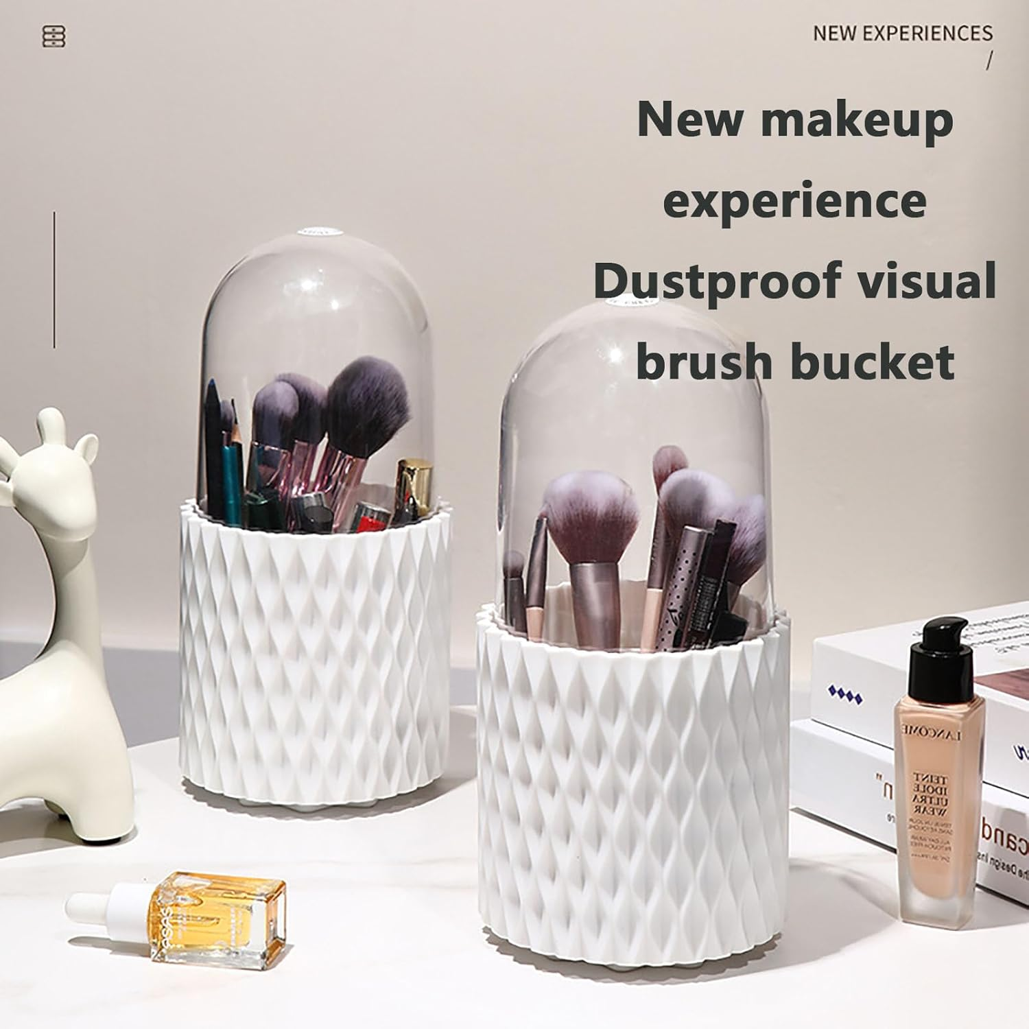 SYGELER 360 &deg; Rotating Makeup Brush Storage Rack - Large Capacity 5-Slot with Dust Cover, Suitable for Dressing Table/Bathroom/Countertop, White Stylish Design image number 5