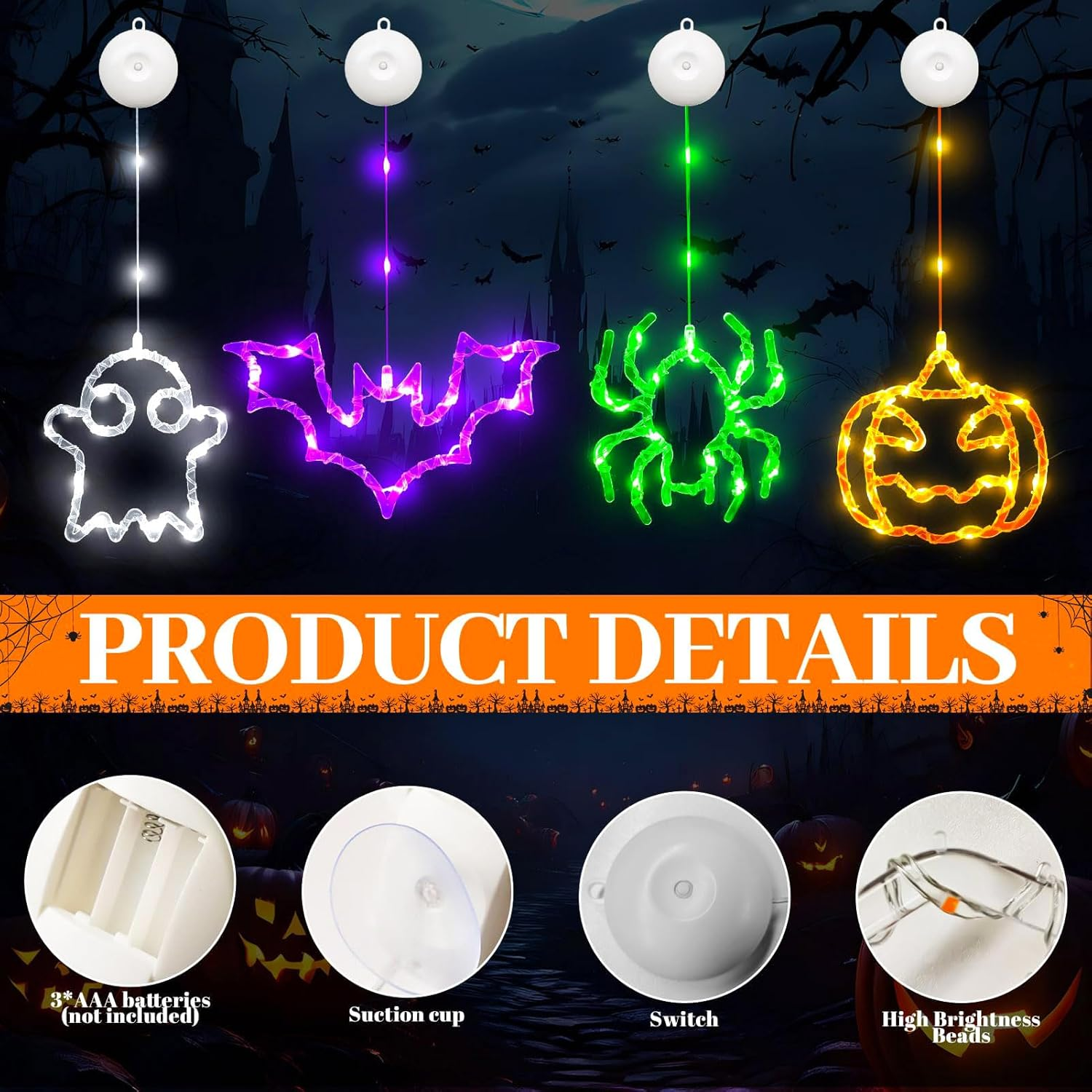 Halloween Decorative Fairy Lights, Pack of 4 Halloween Pumpkin Bat Spider Ghost Fairy Lights Battery with 6H Timer, 8 Light Modes, Window Lights with Suction Cup for Window Decoration (A) image number 6