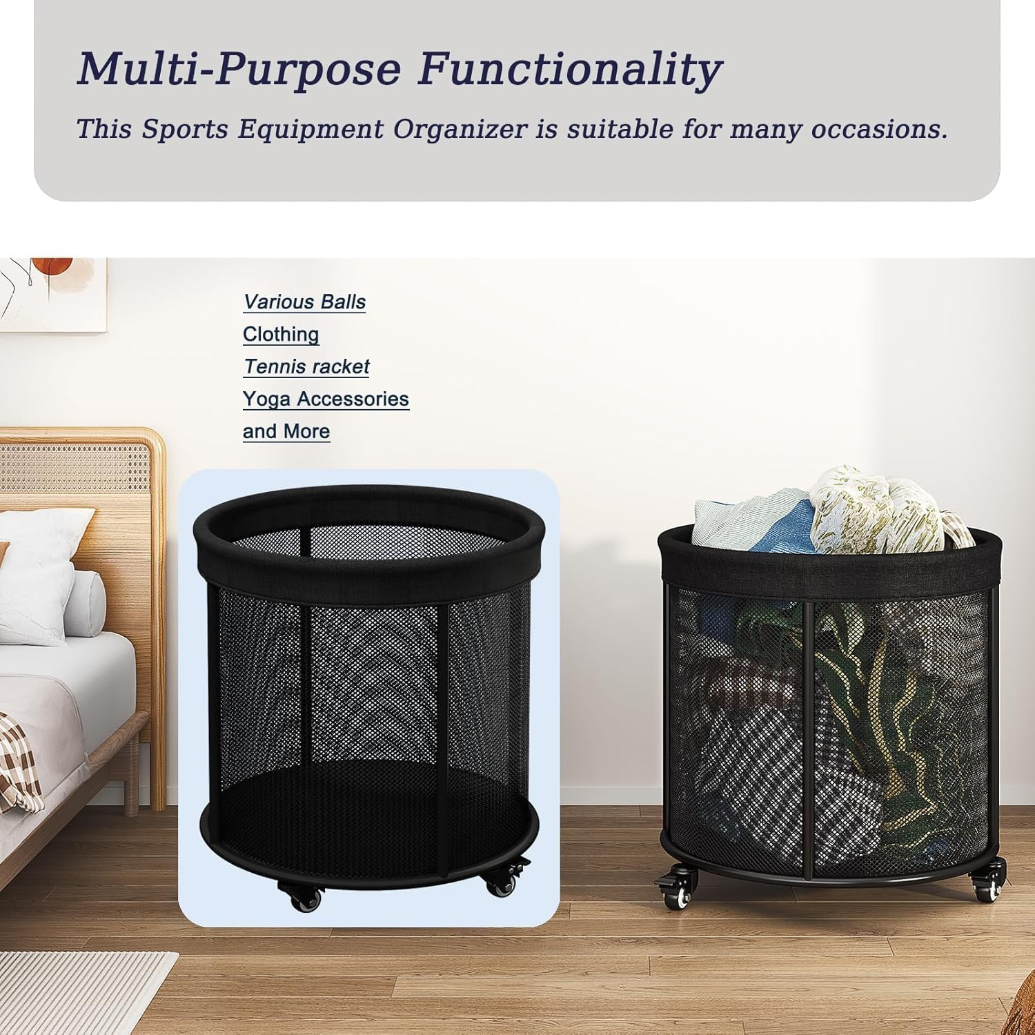 Ball Storage Cart Ball Storage Bin for Balls, 48 Gals Mesh Ball Holder, Basketball Rack with Wheels, Outdoor, Indoor image number 4