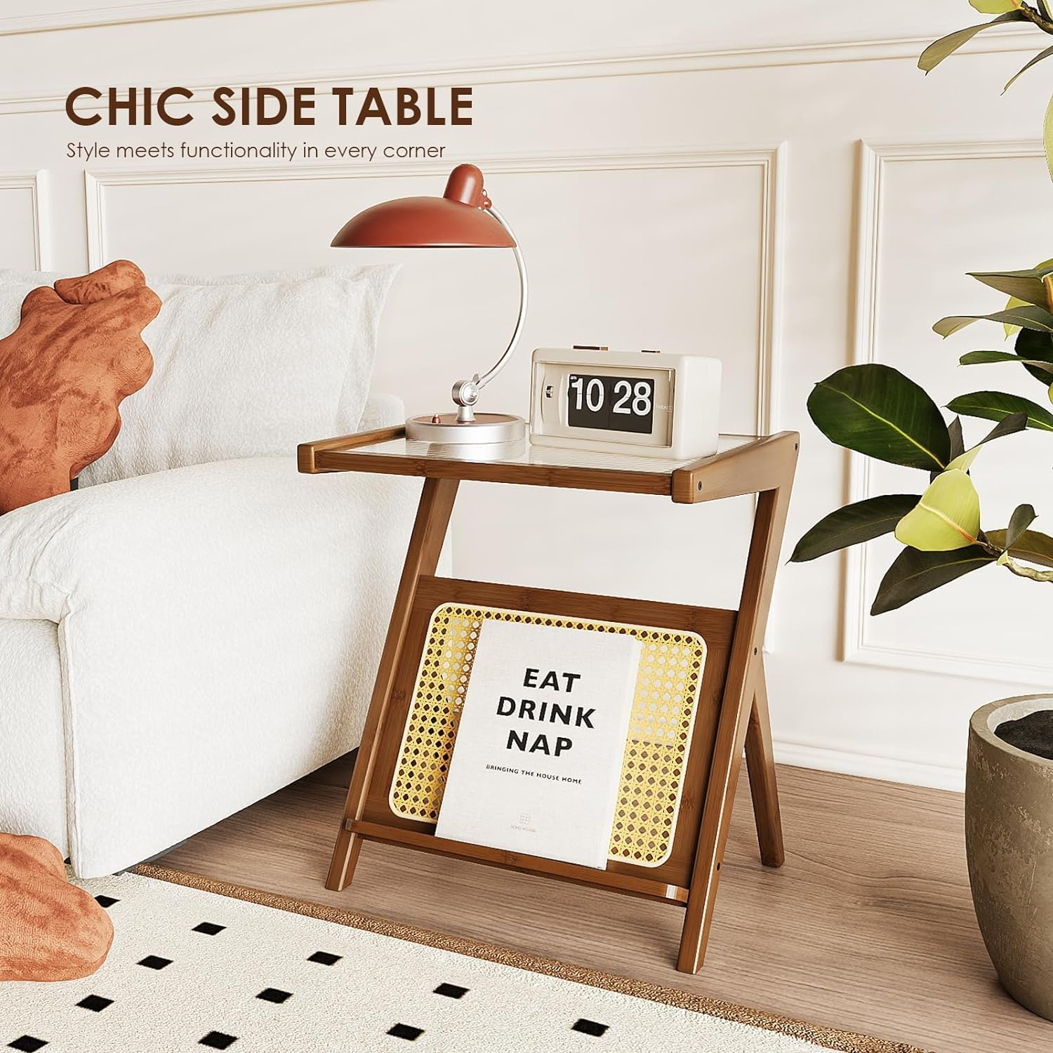 Bamworld Rattan Side Table - Boho Mid-Century Modern Nightstand with Glass Top and Storage, Bamboo Coffee Table and Record Player Stand for Living Room and Bedroom image number 5