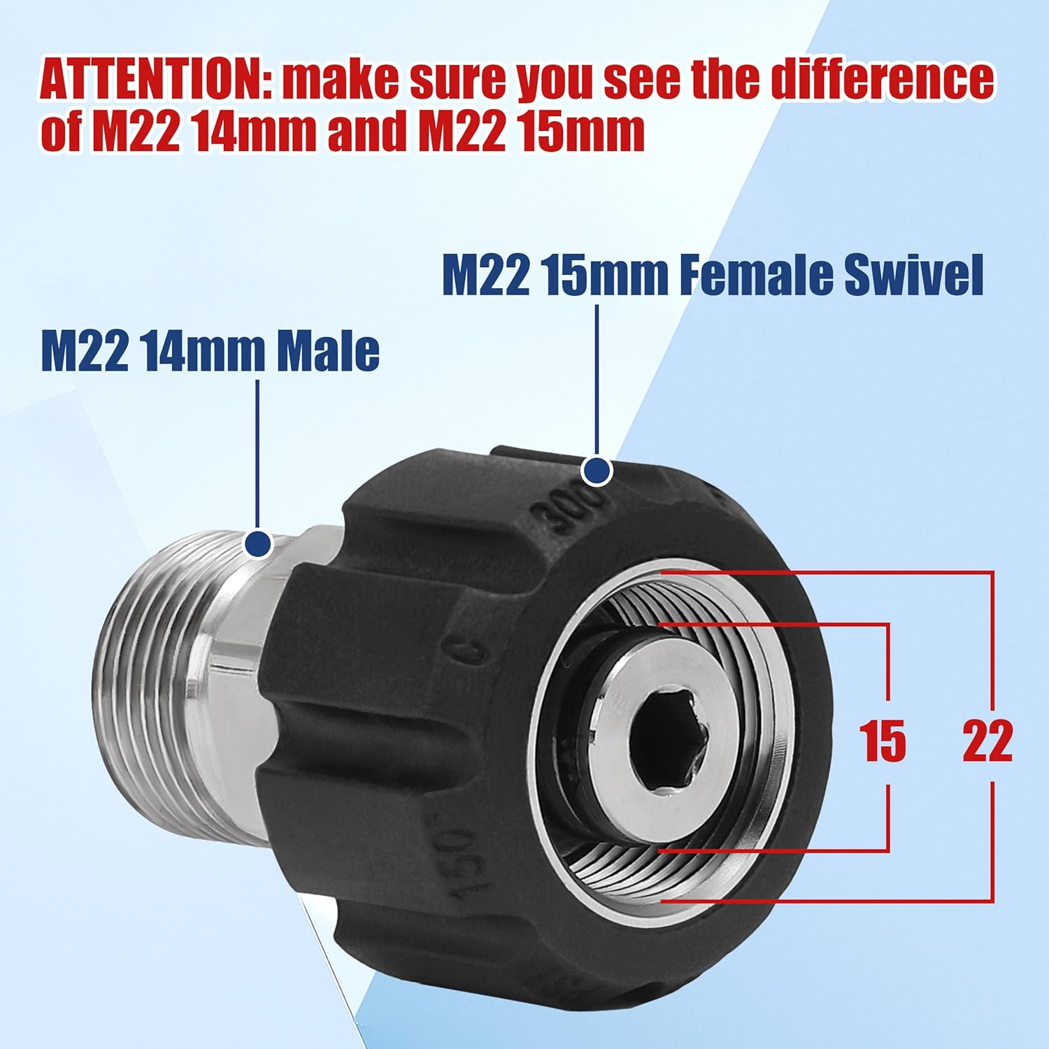 M Mingle Pressure Washer Adapter, Metric M22 15Mm Female Thread to M22 14Mm Male Fitting, Stainless Steel, 4500 PSI image number 1