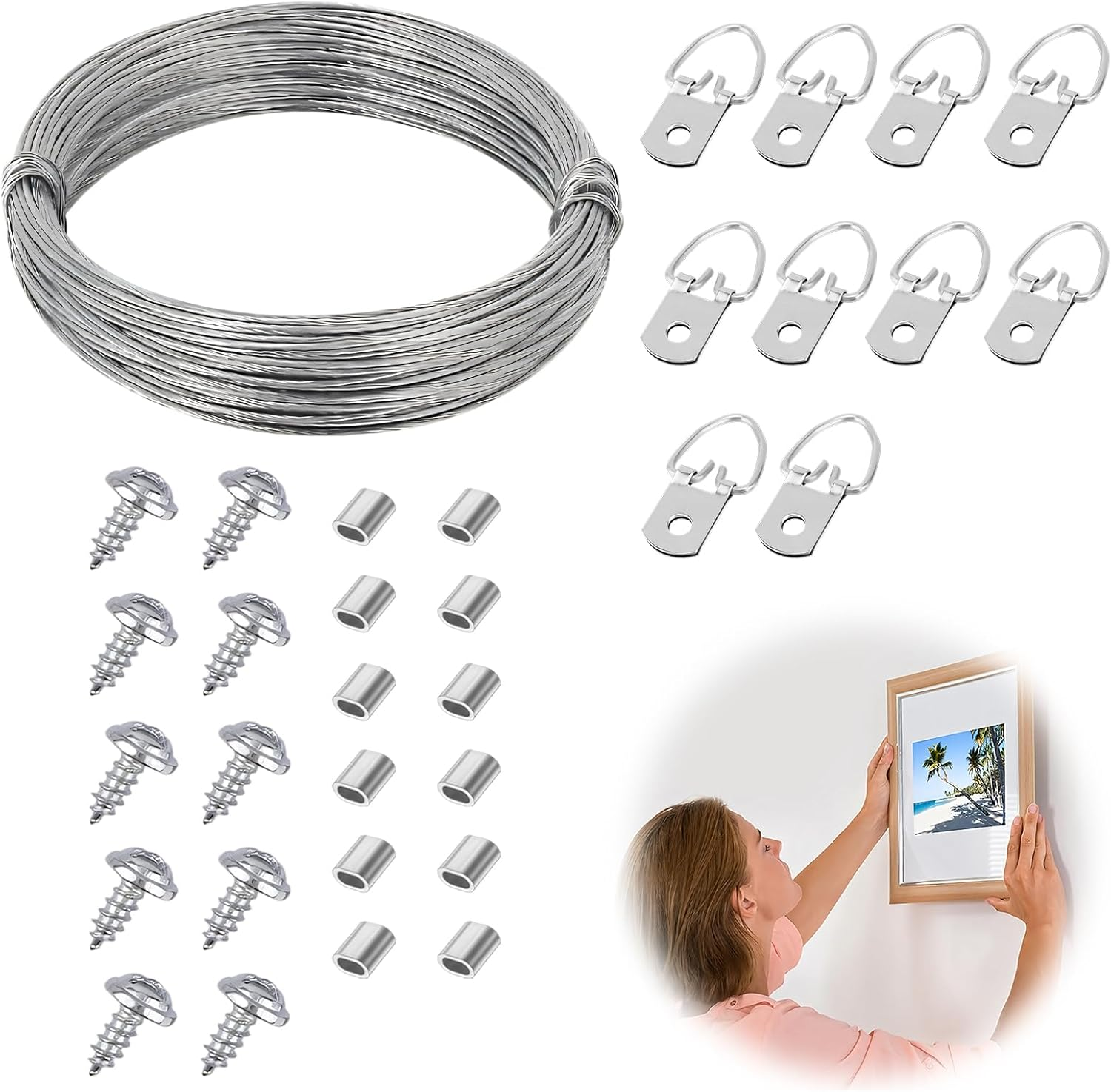 Stainless Steel Picture Hanging Kit, 10M Heavy Duty Wire Rope 10 D-Ring Hangers 10 Screws 10 Aluminum Crimping Sleeves, Wall Hanging Kit for Photo Clock Frame Mirror Artwork Light Lamp Billboards image number 3