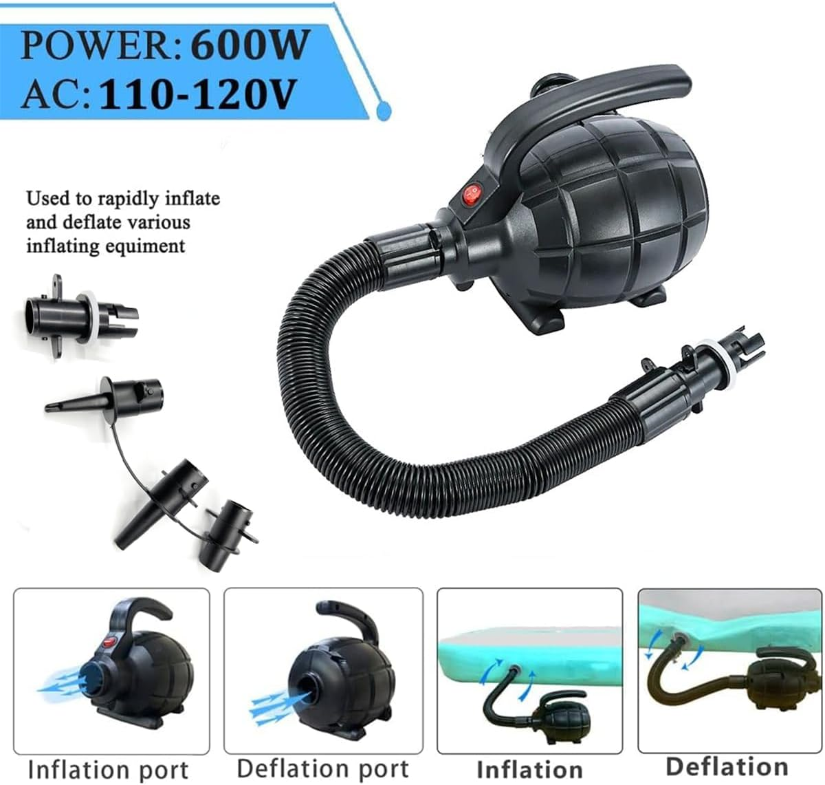 Electric Air Pump, Ikerall Portable Quick-Fill AC Air Pump with 3 Nozzles, 220V AC 600W, Perfect Inflator/Deflator Pumps for Track Mat, Inflatable Cushions, Air Mattress Beds, Boats, Swimming Ring image number 1