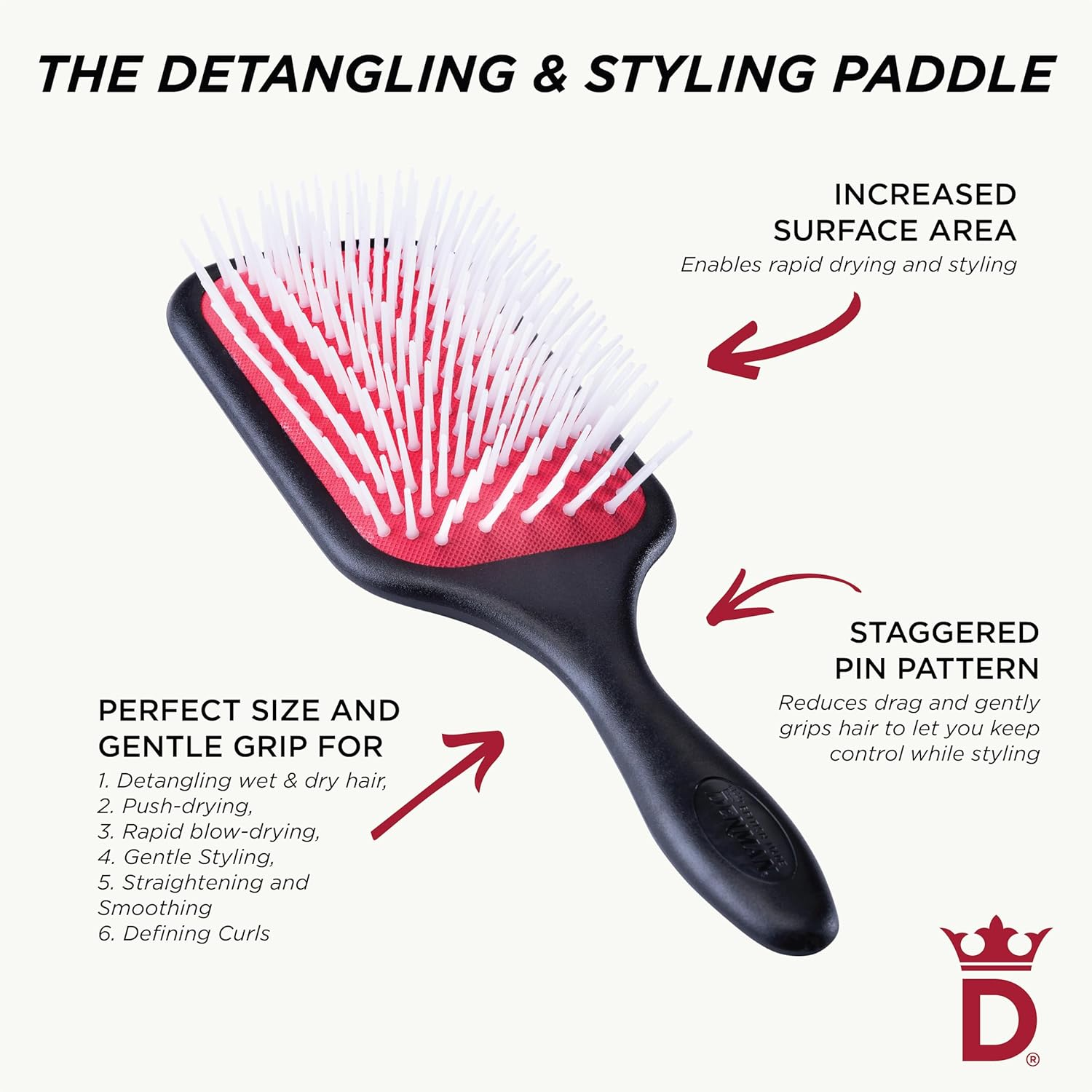 Denman Detangler D38 Hair Brush for Fast and Comfortable Detangling, Blow Drying and Styling - Combination of D3 Styling Pins & Paddle Brush - for Women and Men (Red & Black) - Pink Crush image number 6