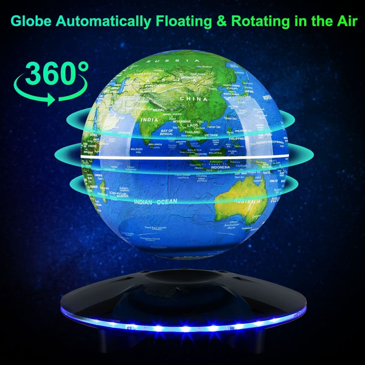 Magnetic Levitating Globe, 6 Inch LED Levitation Floating World Map Globe, Auto Rotation Suspended in Mid-Air with Touch Control for Home Office Desk Decoration