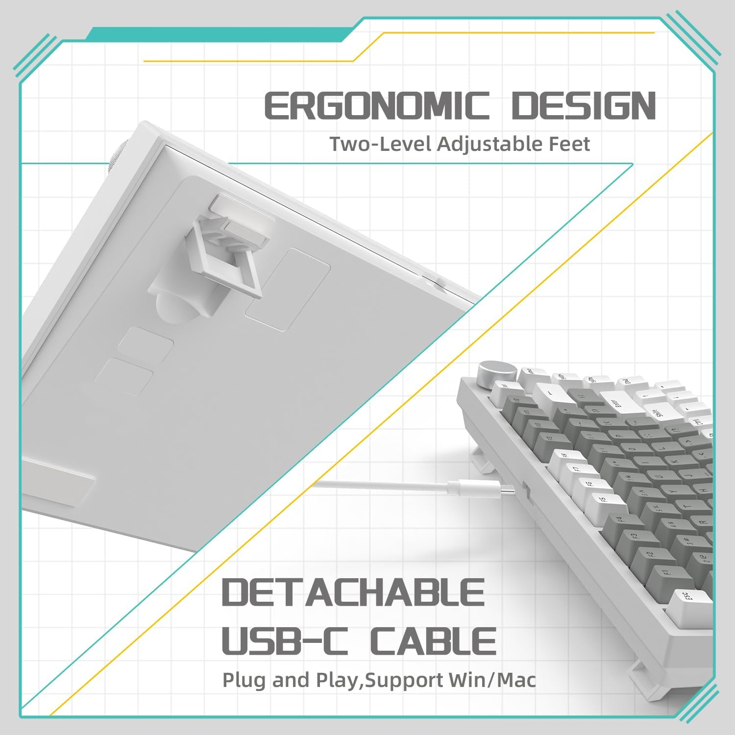 A.JAZZ X Attack Shark AK820 75% Wired Mechanical Gaming Keyboard,Custom Keyboard,Hot Swappable,Upgraded Gasket Noise Absorbing Foams,Cnc Knob,White LED Backlit,Nkro,Hp Switch for Pc/Win/Mac(Grey) image number 4