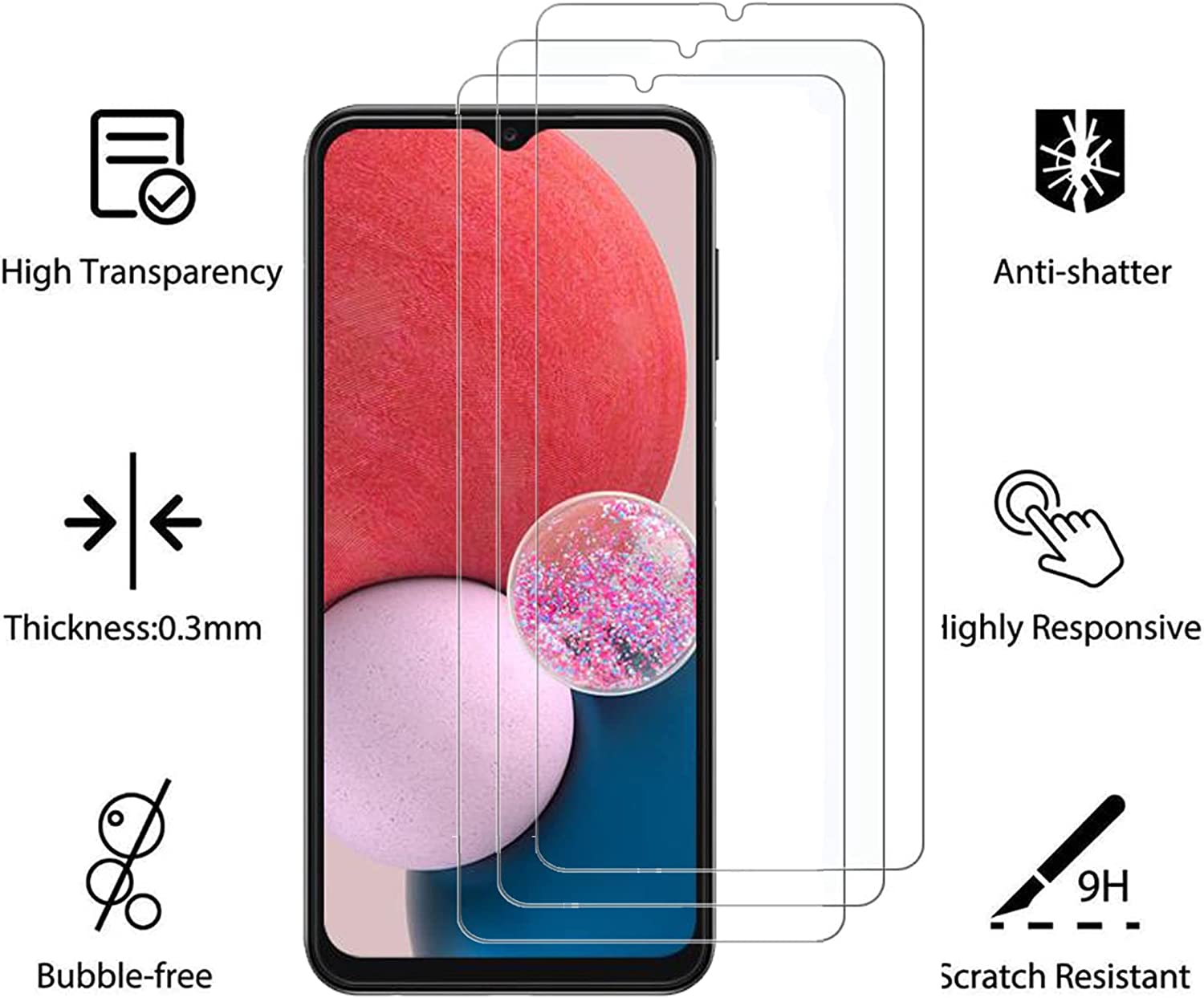 3 Pack Tempered Glass Screen Protector for Samsung Galaxy A13 4G/5G / A04S, 9H Hardness, No Bubbles, Case Friendly image number 3