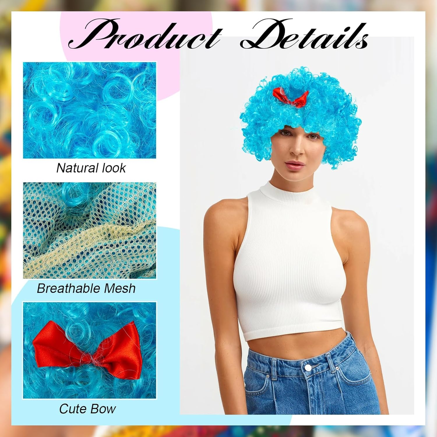 Kuskins 2 Pcs Blue Wigs for Thing 1 Cosplay Accessories - Curly Funky Afro Costume Wig for Reading Week, Halloween and Thing One Party image number 6