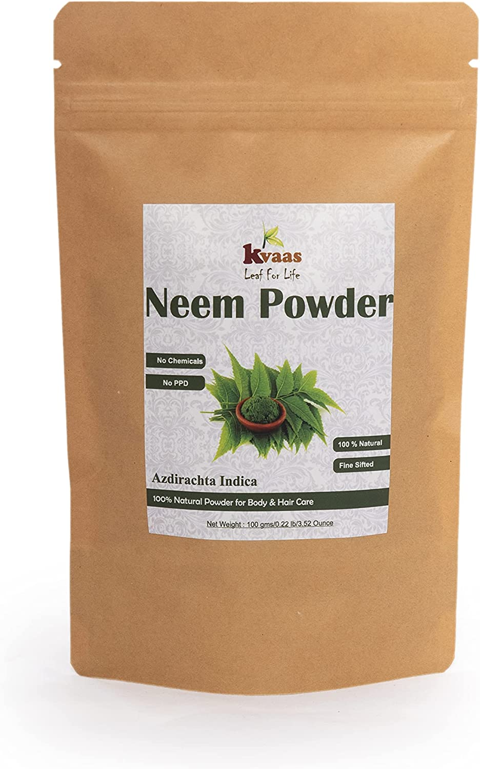 Neem Leaves Powder | 3.53 Oz (100 G) | Azadirachta Indica | Natural & Pure Powder for Skin & Hair Care by KVAAS