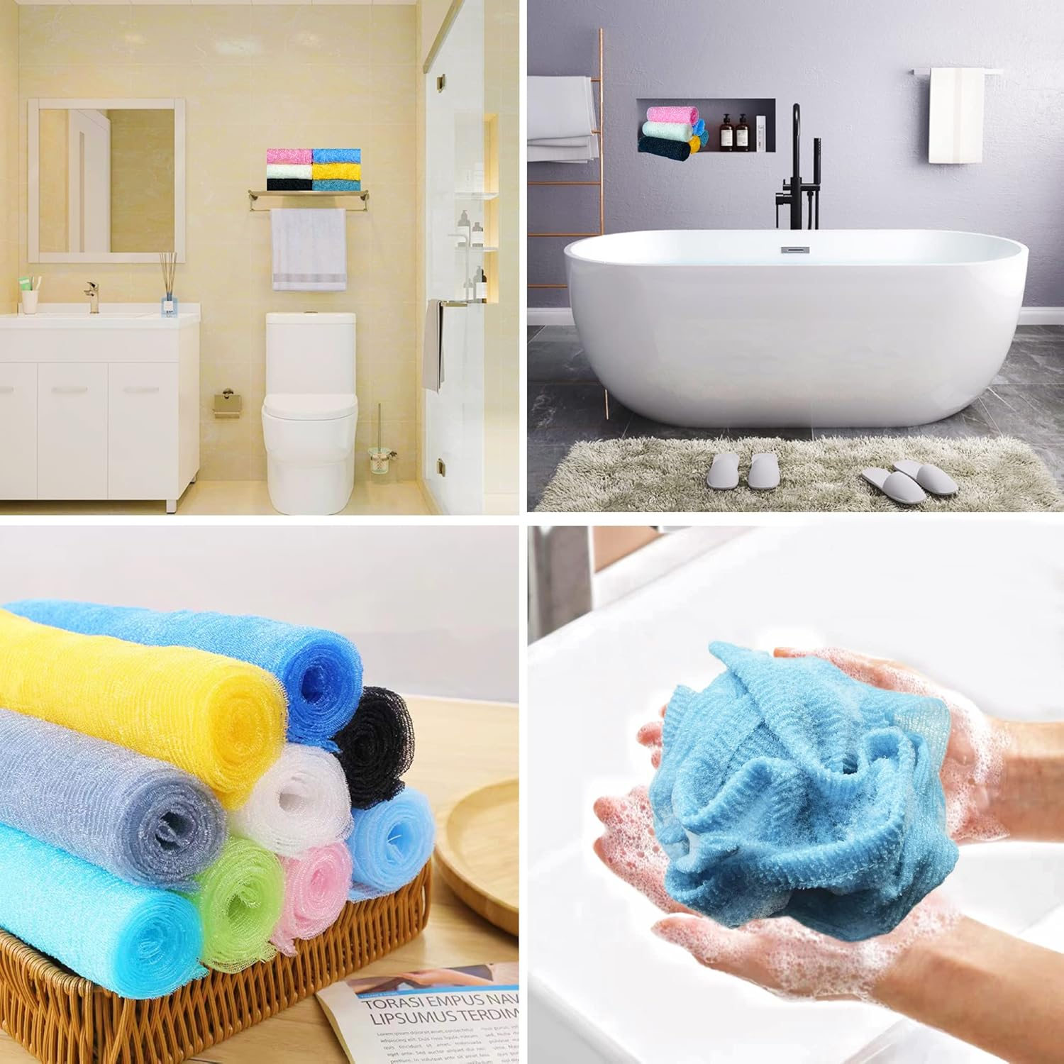 Japanese Washcloth Exfoliating Towel Sponge Loofah for Body Scrubber in Shower - 6 Pieces (GY, BLK, WH, YLW, PNK, BLU) image number 5
