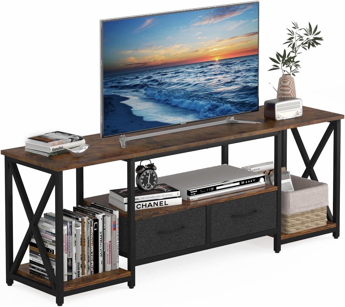 Advwin TV Unit Cabinet 140Cm with 16-Color RGB LED & Charging Station, TV Stand with 5 Storage Drawers & Open Shelf, Entertainment Center for Living Room, Bedroom, Black