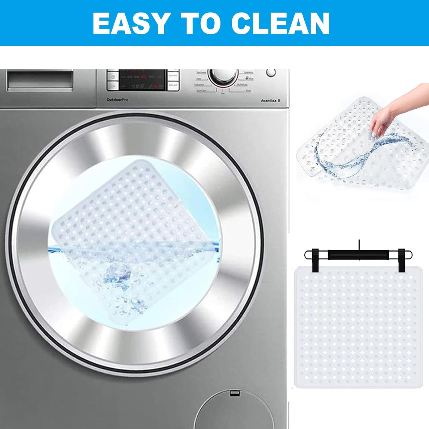 Non Slip Shower Mat,Square Shower Mat Non Slip anti Mold 21 X 21Inch Bathtub Mat with Suctions Cups and Drain Hole,Non-Slip Stall Mat for Elderly Bathroom,Machine Washable,Clear White image number 3