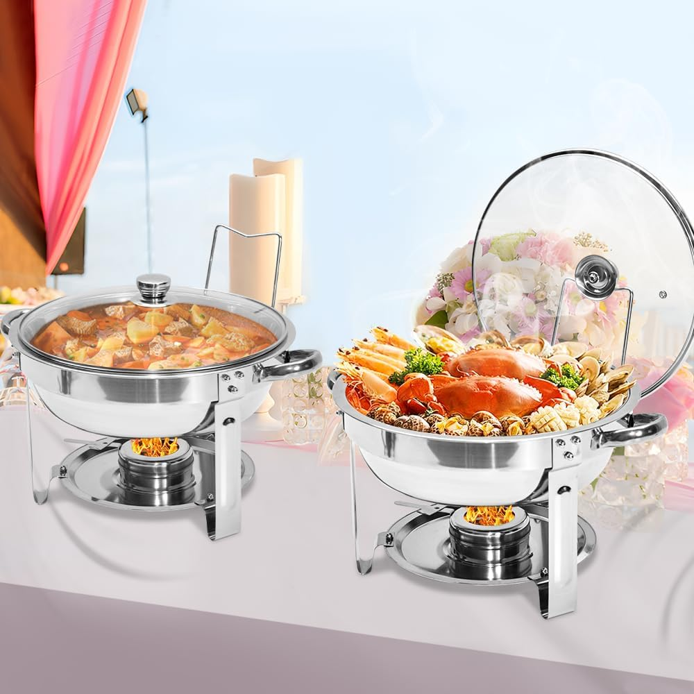 ALSTON 2 Pack round Chafing Dish Buffet Set 201 Stainless Steel 4.5L Food Pan with Glass Lid and Fuel Holder Complete Set for Restaurant Party Catering Wedding image number 4