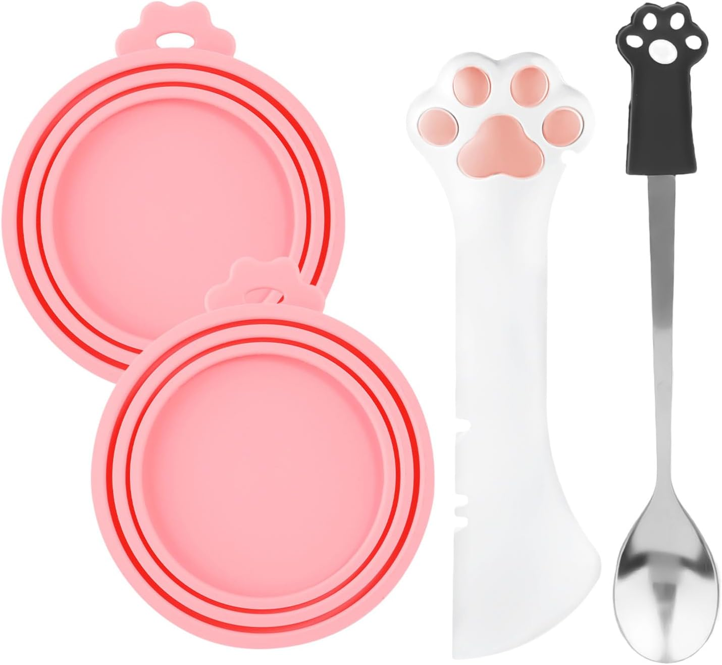 Lasuroa 4Pcs Dog Cat Food Spoon & Lid Set, Silicone Can Opener Tool with Stainless Steel Wet Food Scoop and Can Covers, Pet Foods Storage & Feeding Accessories for Cats and Dogs (Pink, White, Black) image number 6