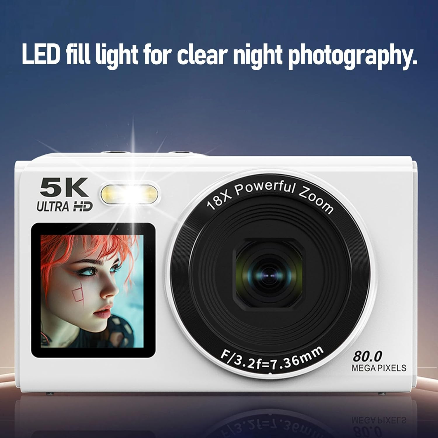 5K Digital Camera with 80MP Dual Screen, 18X Zoom, Wifi, Auto Focus, Built-In Flash, 2.8In & 1.5In Display, Vlogging Camera for Teens, Travel, Streaming, Photography (White) - Black image number 2