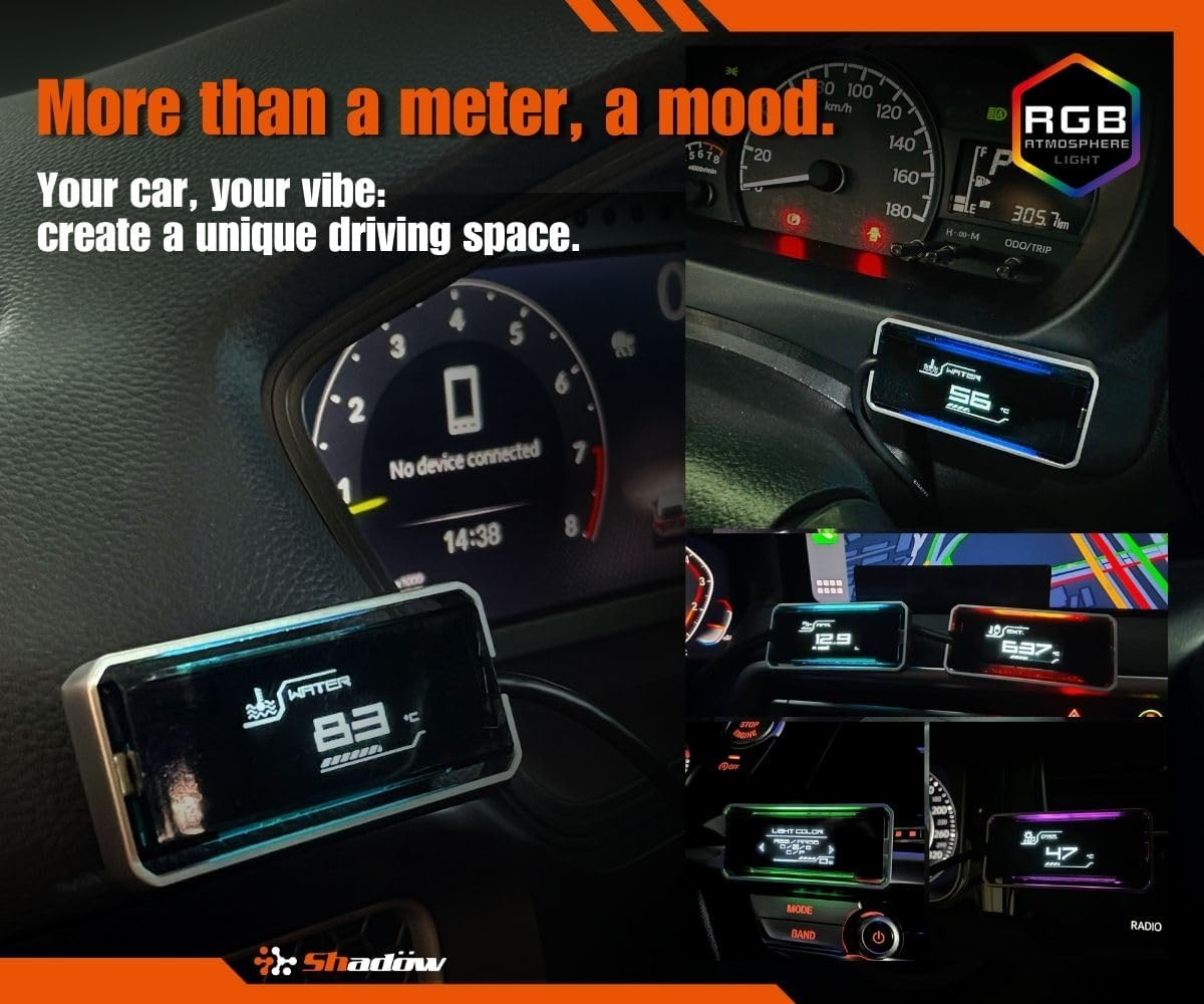 Shadow OBD2 Digital Gauge Display D-Meter 2 - Compact & Futuristic, Vibrant RGB & ARGB Ambient Rainbow Backlight, Multi-Functional Meter for 12V & 48V Newer Cars image number 4