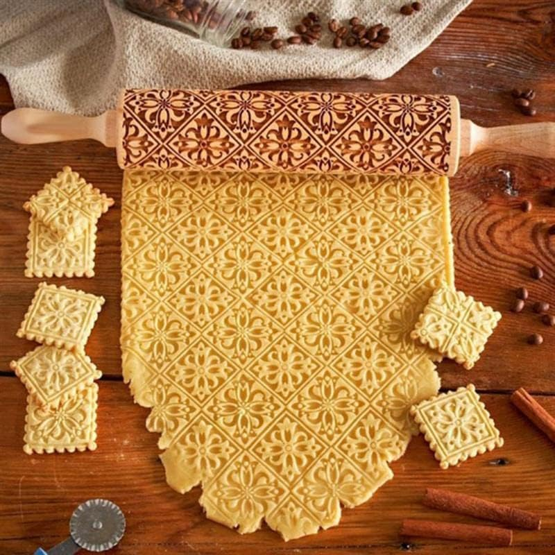 Christmas Wooden Rolling Pin for Baking Engraved Embossing Rolling Pin Cookie Stamps Roller Square Grid Cookies Mold Kitchen Decor Tools for Baking Embossed Cookies (Flower Window)