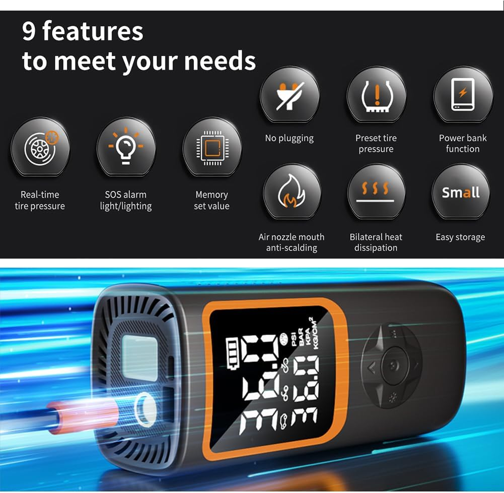 Car Tyre Inflator Portable Air Compressor Cordless or DC12V 2X Fast Portable Tire Pump for Car Bike Balls Motorcycle Tyre Air Pump Tyre Pump 150PSI Tyre Pressure Gauge Auto-Off image number 5