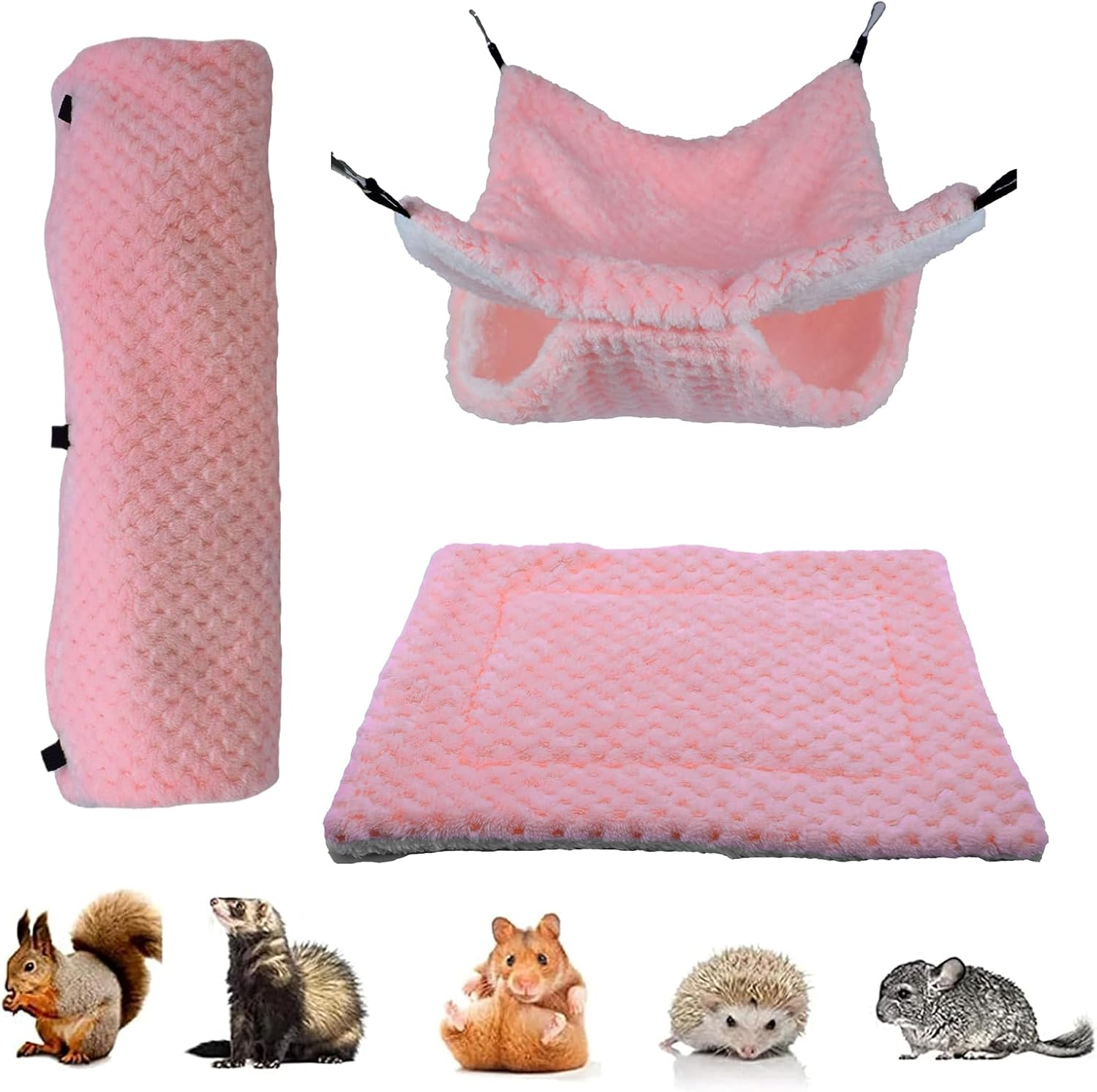 Small Pet Cage Accessory Set - Hammock, Tunnel, Mat, Hanging Guinea Pig Bed, Small Animals Tunnel Toy, for Sugar Glider Ferret Cage Sleeping Resting Hiding Playing Climbing Winter