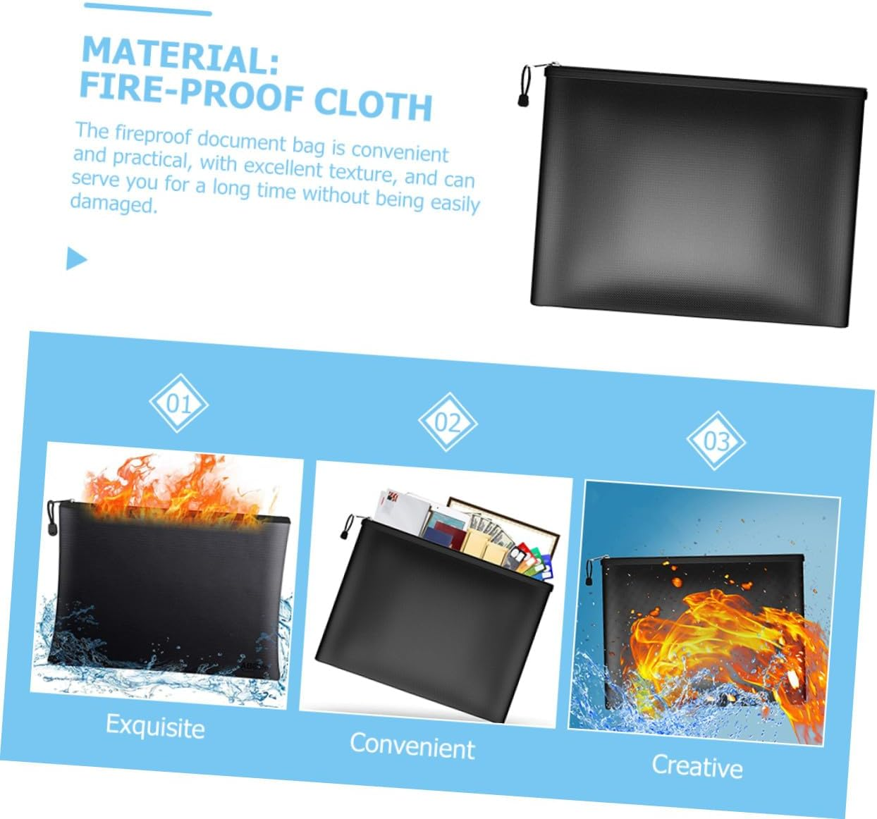 Angoily Fireproof Document Organizer Bag 29X20.5Cm Waterproof Money Bag with Zipper Fire-Resistant Document Holder for Office and Home Secure Storage image number 4