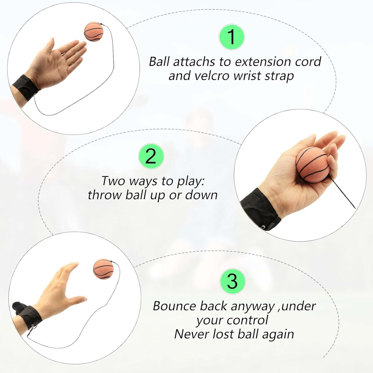4 PCS Wrist Return Ball Set (Baseball, Soccer, Basketball, Tennis) 1.85 Inch Rubber Sports Ball with Adjustable Elastic String, 4 Balls per Set image number 3