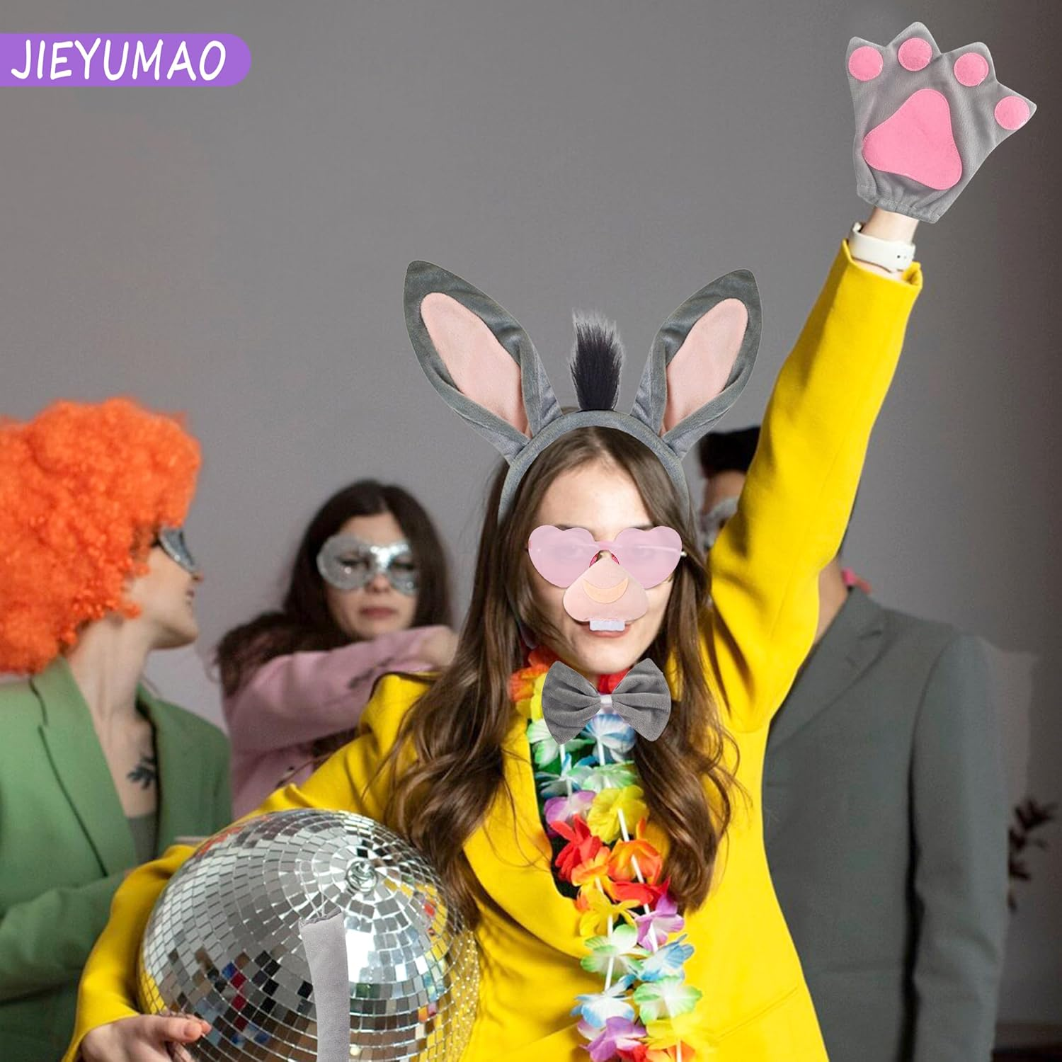 JIEYUMAO Donkey Costume Set, Donkey Costume Accessory for Women Men, Grey Donkeys Costumes with Donkeys Ears Headband Sunglasses Nose Tail Paws Bow Tie for Halloween Cosplay Party image number 2