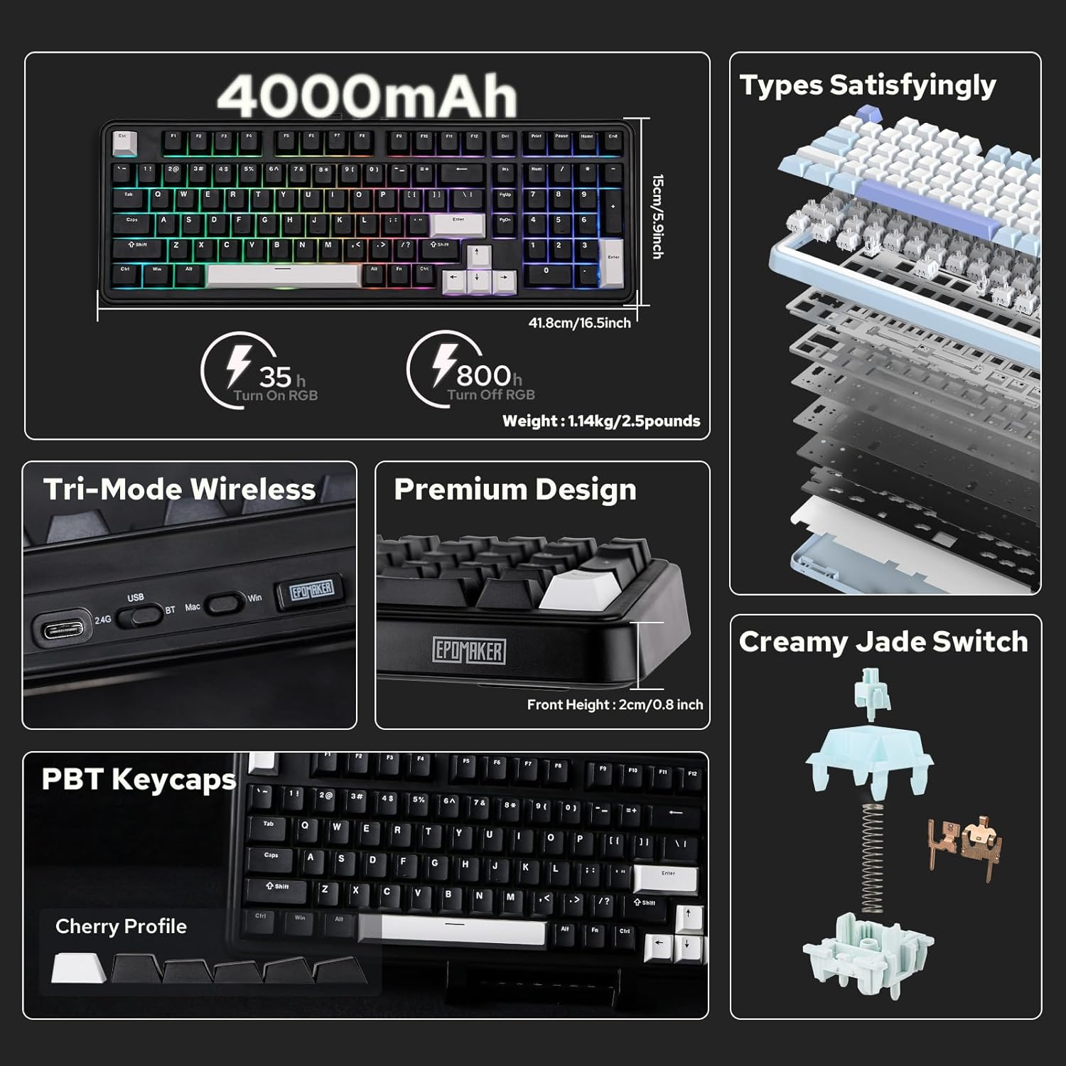 EPOMAKER TH99 Tri-Mode Wireless Mechanical Keyboard, Hot Swappable Custom Keyboard, RGB Gaming Keyboard with Numpad, Gasket Creamy Keyboard for Pc/Mac/Office/Gaming (Black) image number 3