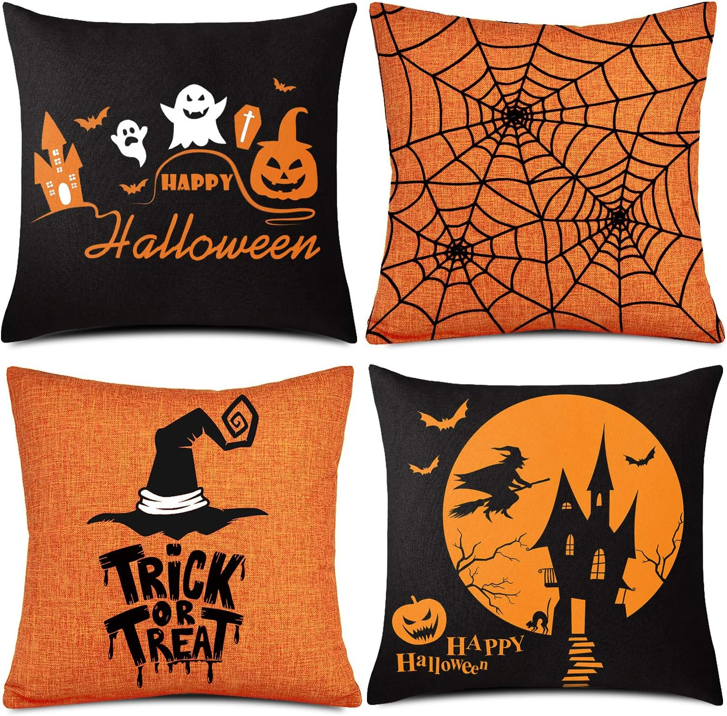 Whaline 4 Pieces Halloween Pillow Case, Orange and Black Pillow Cover, Happy Halloween Linen Sofa Bed Throw Cushion Cover Decoration (18" X 18") image number 6