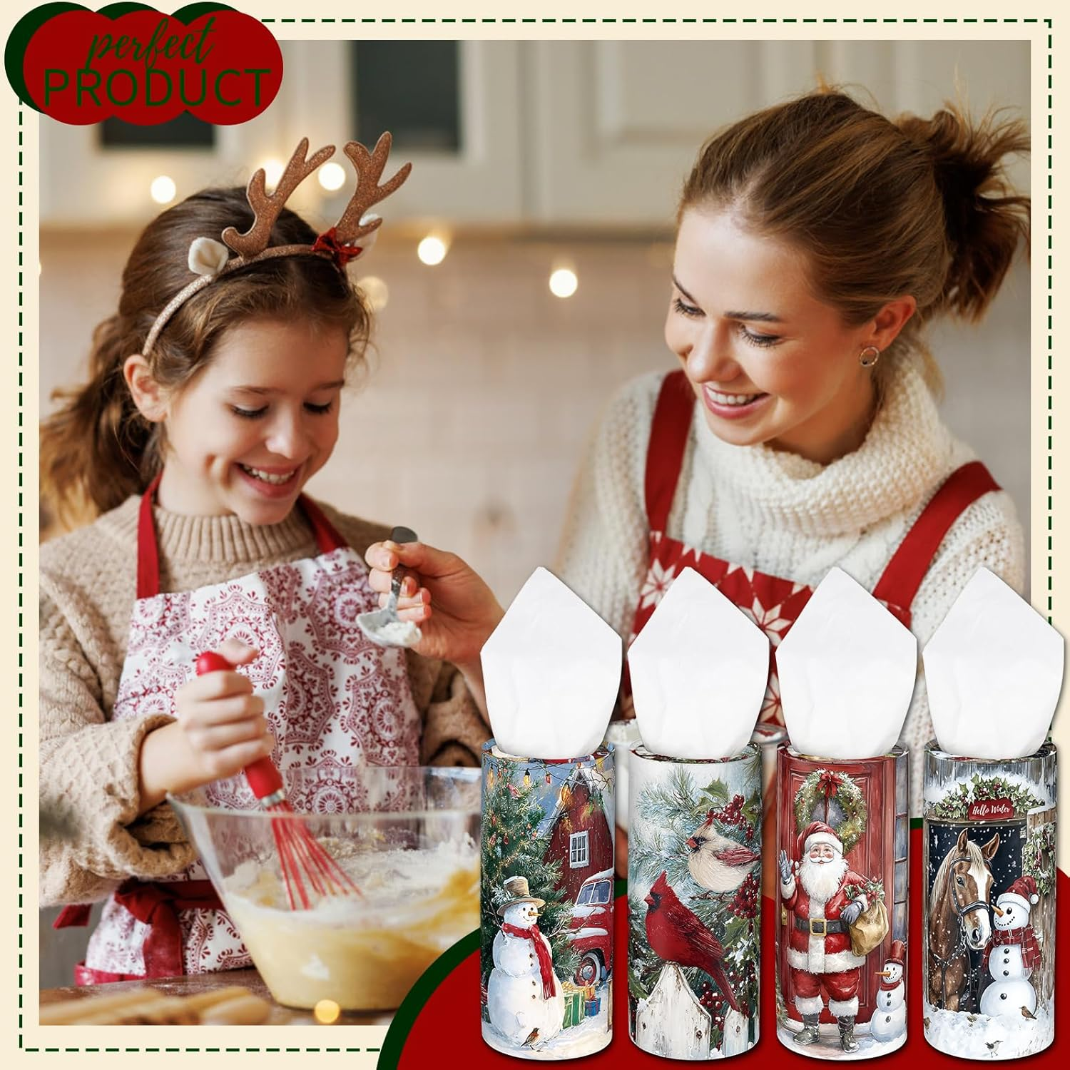 4 Pcs Christmas Car Tissue Holders with Facial Tissues, round Boxes with Festive Santa, Cardinal, Horse, and Snowman Designs, Winter Holiday Essentials for Car, Home, and Office - Style C image number 2