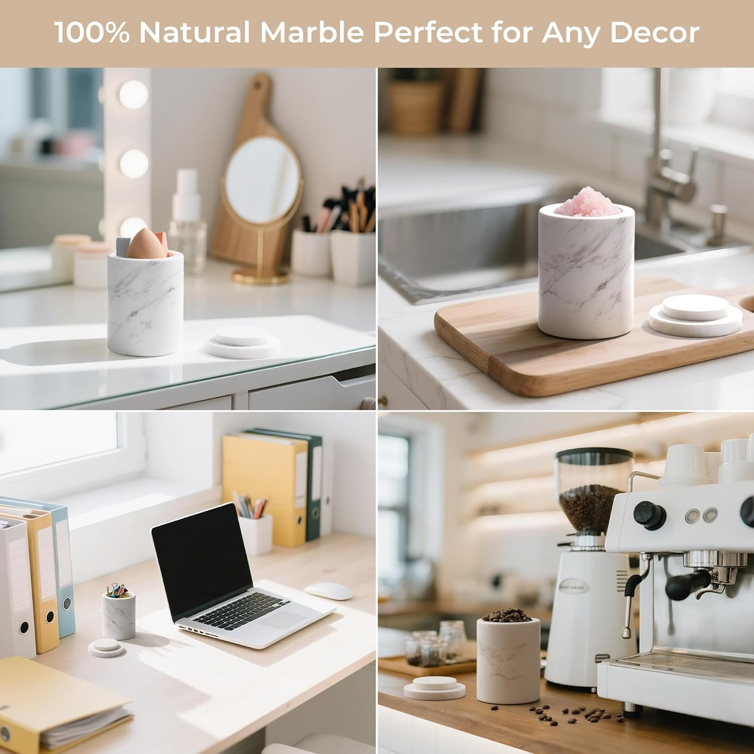 WORHE Marble Canister with Lid Natural Qtip Holder for Cotton Swabs, Balls, Pads, Floss Picks, Bath Salts - Vanity Makeup Storage Organizer Bathroom Essentials Accessories Decor White (DL011) image number 6