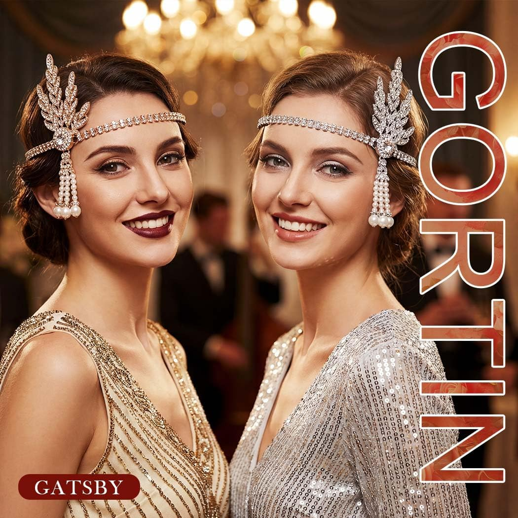 GORTIN 1920'S Flapper Headband Leaf Rhiestones Gatsby Headpiece Pearl Headdress Flapper Hair Accessories for Women