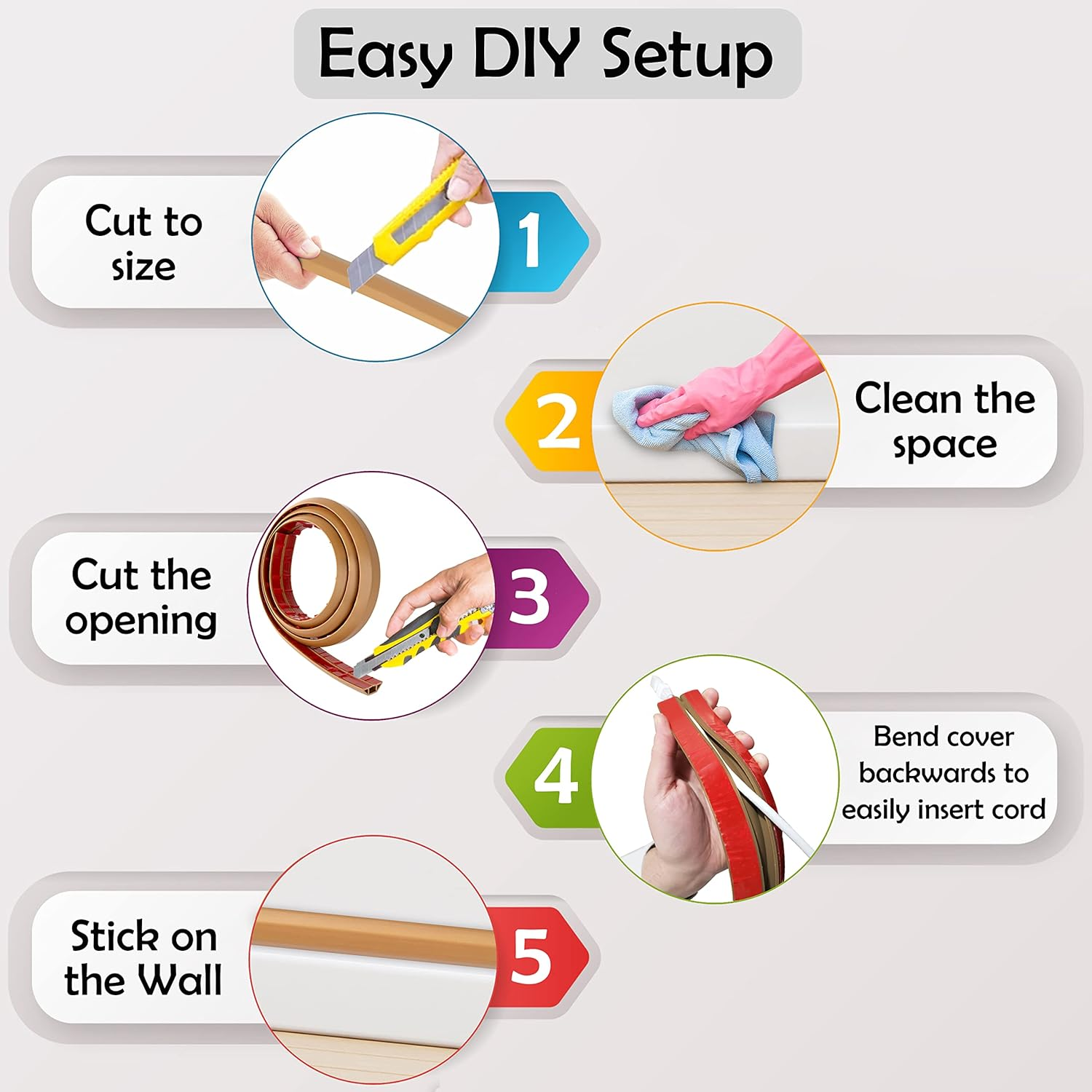 Rubber Bond TV Cord Hider Cable Protector - Strong Self Adhesive Wall Cord Cover Cable Hider - Low Profile Cable Management Wall Cord Concealer Cable Raceway - Brown - 1-2 Cord - 6 Feet image number 5