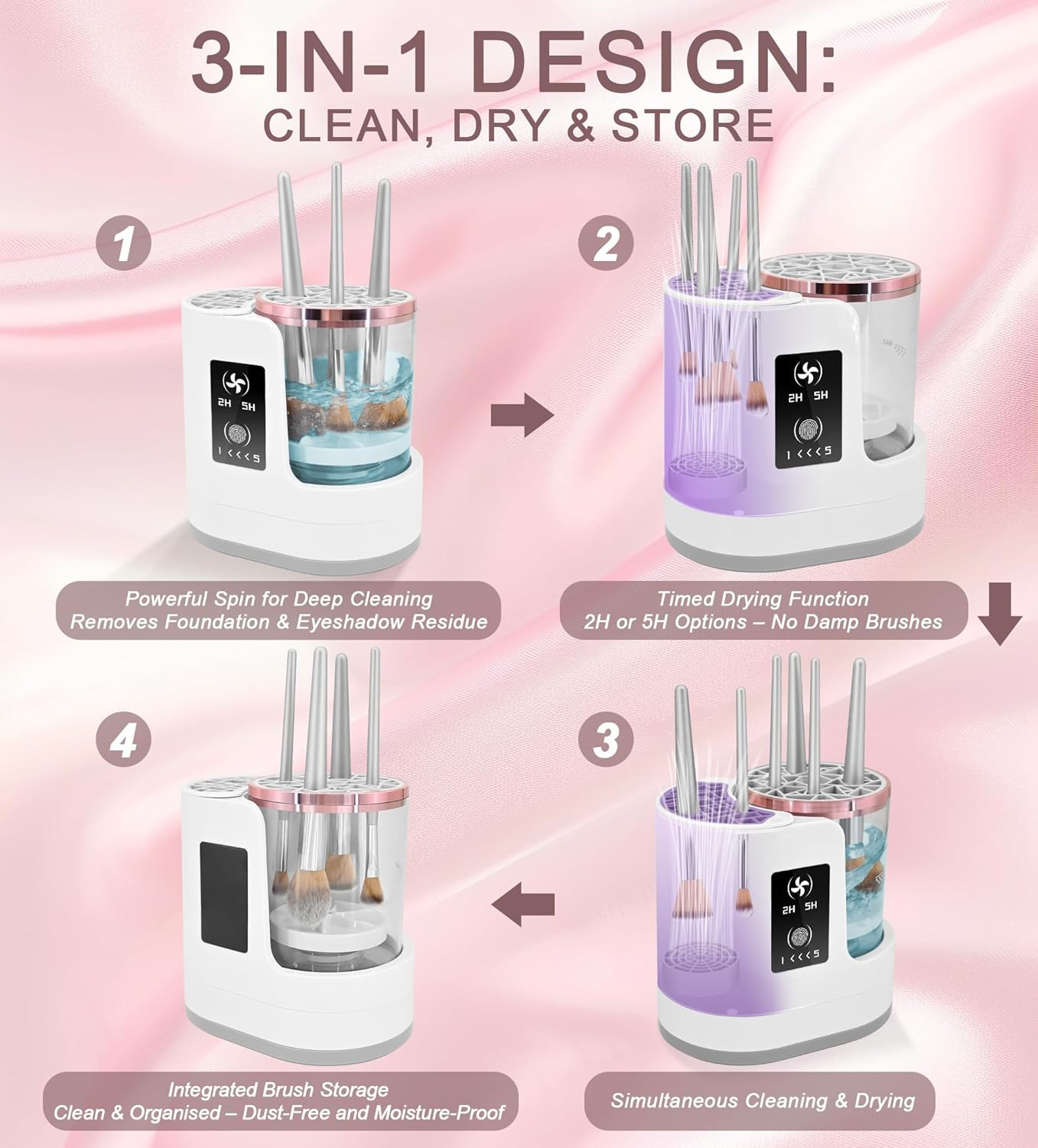 Makeup Brush Cleaner and Dryer with Touch Control, Automatic 5-Min Countdown Cleaning Brushes, Dual-Direction Spin, 2H/5H Air Drying, Wet-Dry Separation &ndash; 3 in 1 Electric Brush Washer for Multiple Brush Sizes image number 4