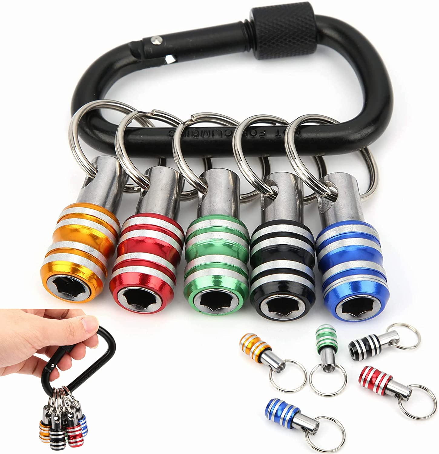 1/4 Bit Holder Keychain 6Pc, 1/4 Inch Hex Shank Bit Holders, Quick Release Bit Holder for Nut Driver, Screwdriver & Drill Bits W/Key Chain Carabiner