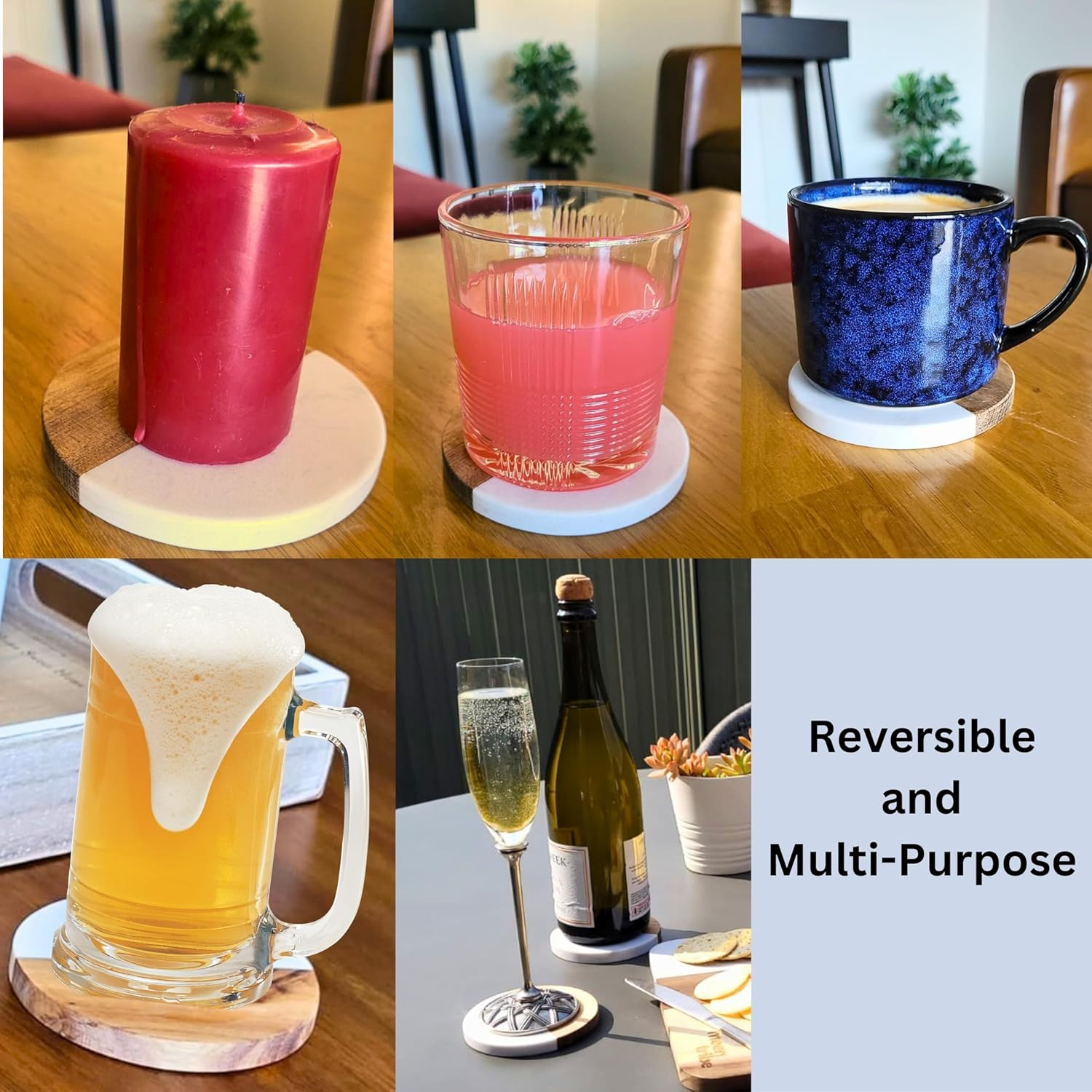 Acacia Wood and Marble Coaster Set of 4 for Coffee Table Decor, Dining Table, Office - Wooden Tabletop Coasters -Premium Drink Coasters for Kitchen, Restaurant, Bar, Caf&eacute; and Christmas Gifting image number 3