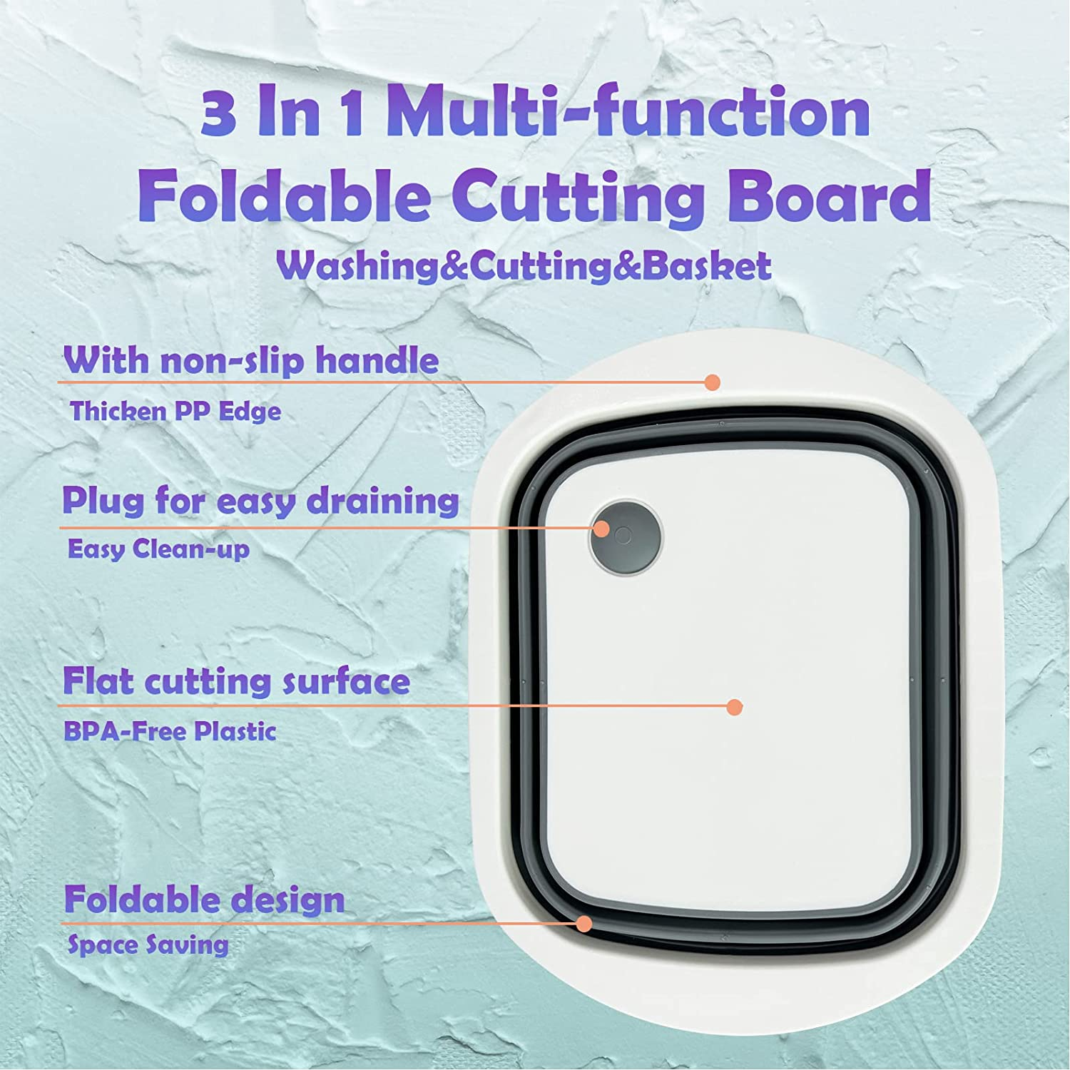 3-In-1 Multi-Function Collapsible Cutting Board with Colander -Foldable Washing Sink, Cutting Board and Camping Basket, Space-Saving Food Grade Sink Storage Basket with Suction Plug (Grey) image number 2