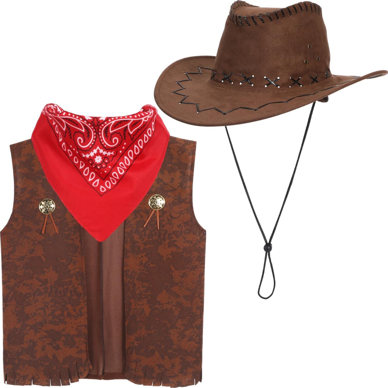 VICASKY Western Outfits for Men, 3Pcs Halloween Suede Leather Vest Scarf Hat Cowboy Tassel Vest Hat Paisley Bandana for Halloween Cosplay Accessory image number 5