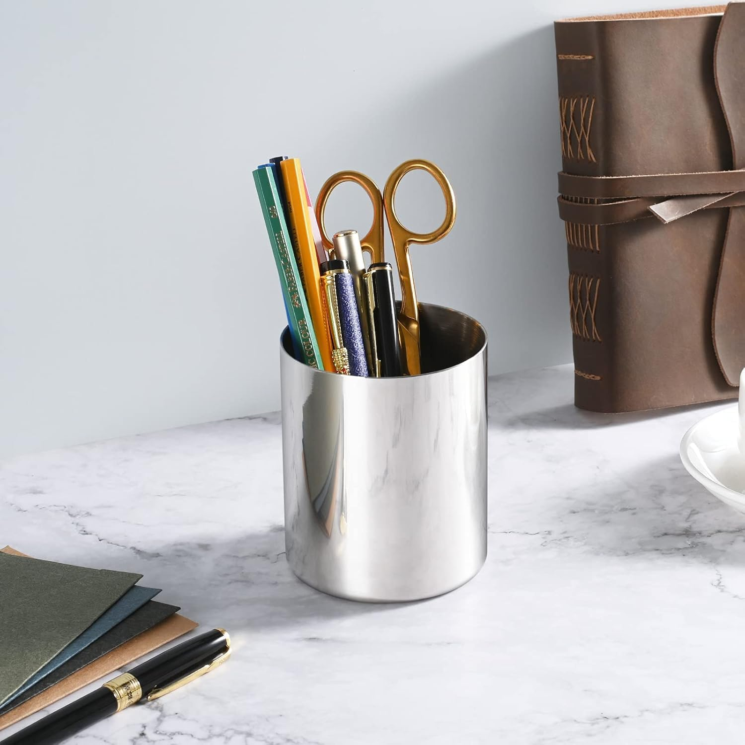 Pencil Holder for Desk,Stainless Steel Desktop Pen Holder,Pencil Holder,Pencil Cup,Pencil Pot, Makeup Brush Holder,Stationery Organizer (Silver, One Size) image number 3