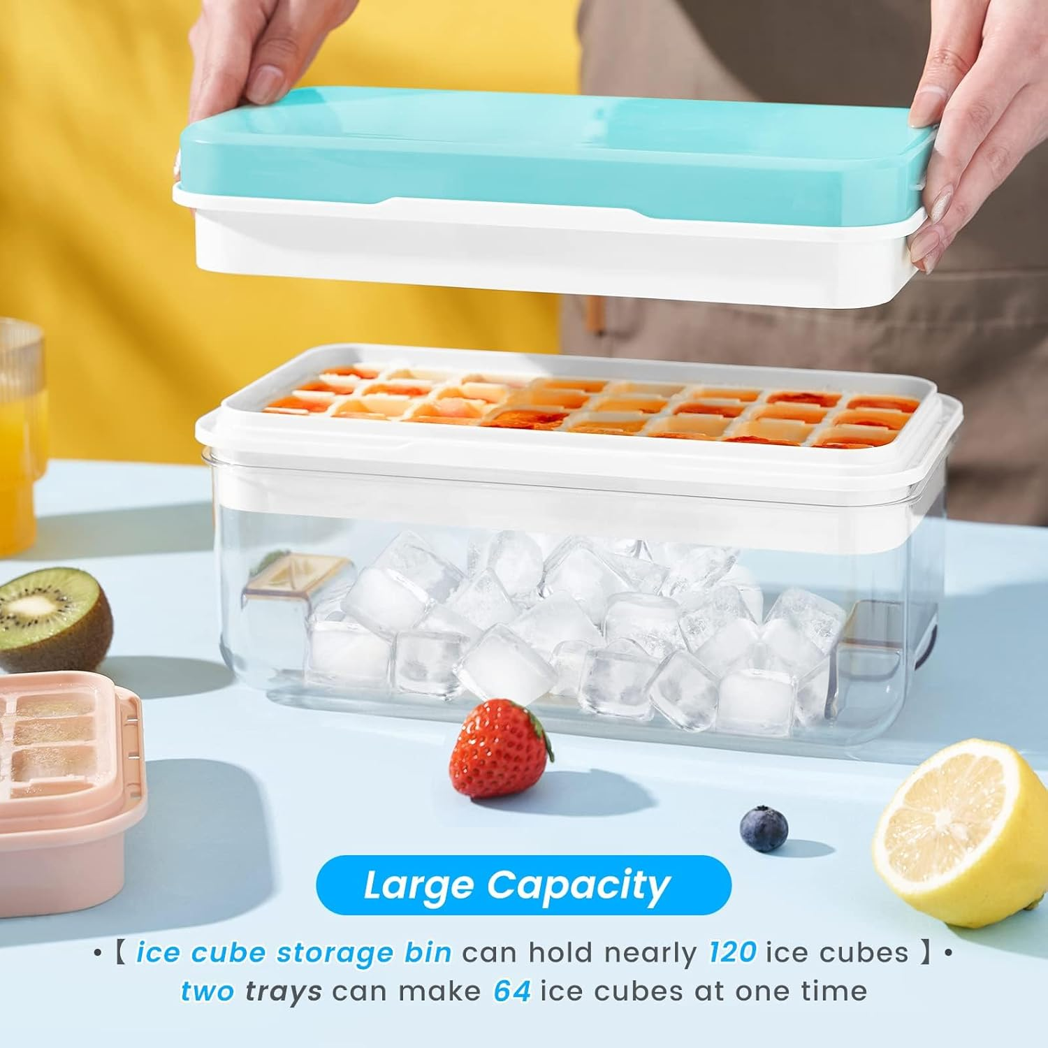 One Click Release Silicone Ice Cube Trays Ice Cube Tray with Lid and Bin, Tehalk 64 Pcs Ice Trays for Freezer, Ice Cube Trays for Freezer with 2 Trays, Container, Lid & Ice Scoop, BPA Free image number 5