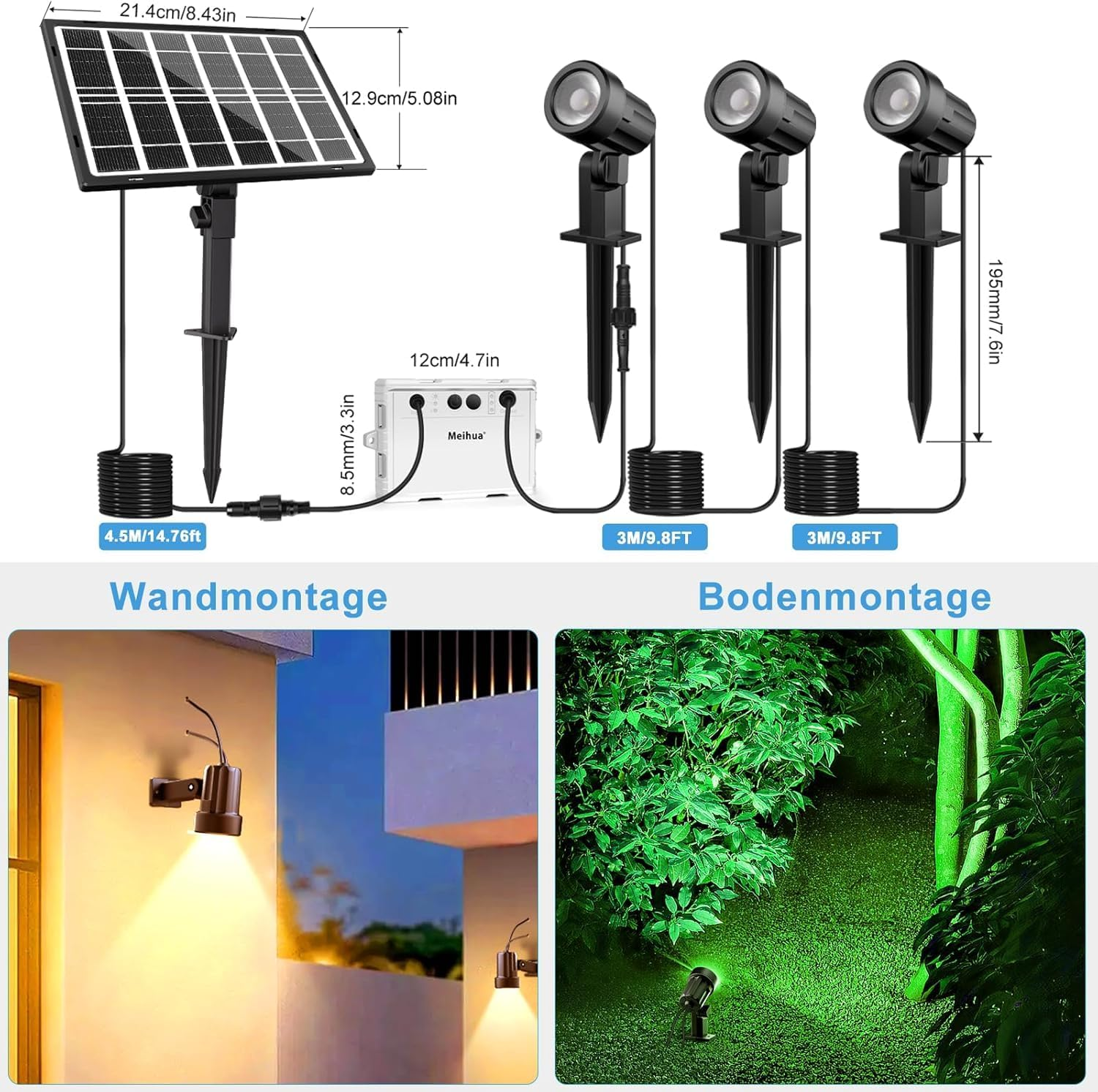 Meihua Solar Spotlights 3 in 1 with Remote Control RGB Outdoor Landscape Light IP66 Waterproof Garden Light 10 Colors 12 Modes with Timer Memory Funtion for Gardens Statue Pathway Patio image number 5