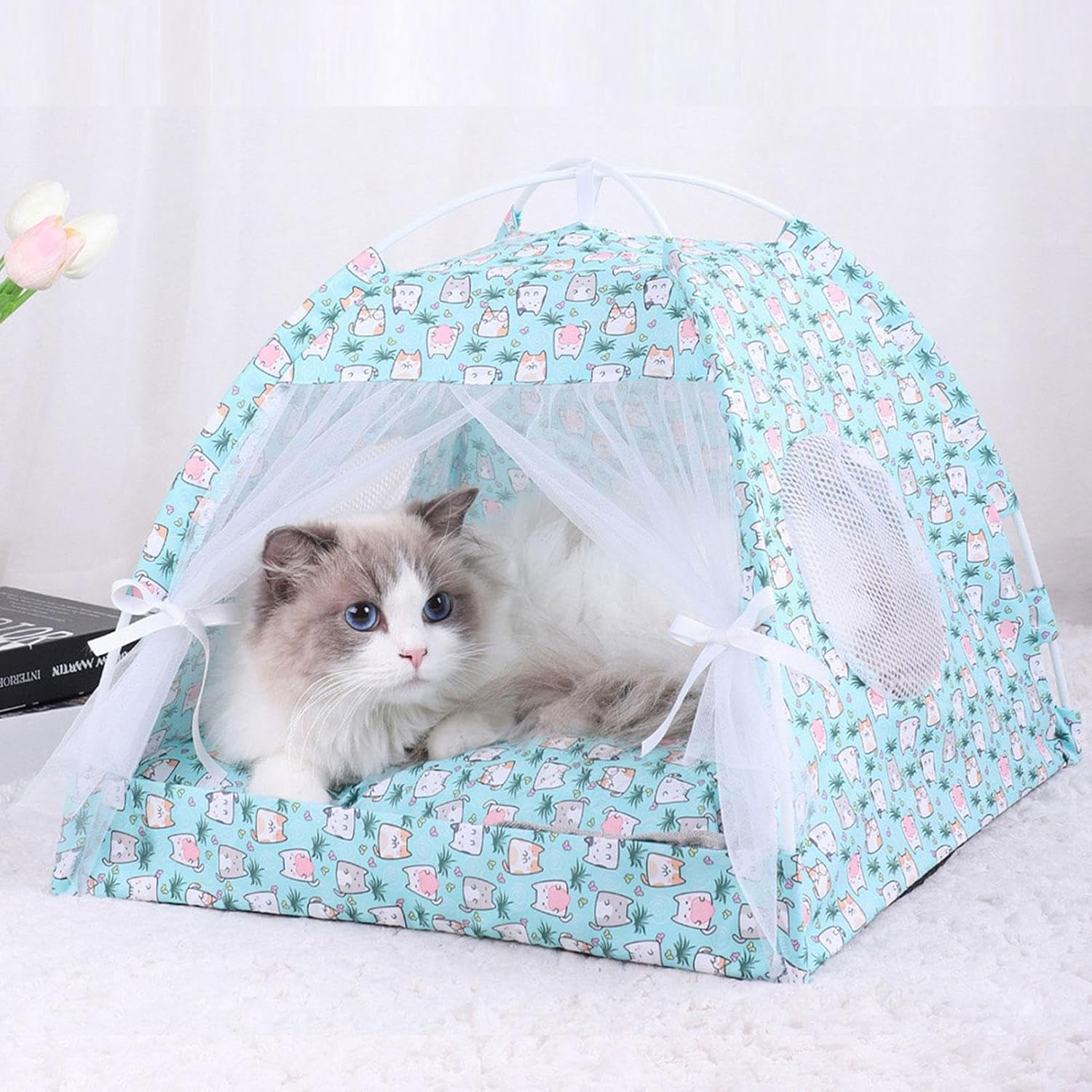 Pet Tent for Cats | Portable Cat Cave Tents - Pet Sun Shelter, Semi-Enclosed Floral Pet Cave Nest, Foldable Dog Tent Bed for Indoor and Outdoor image number 6