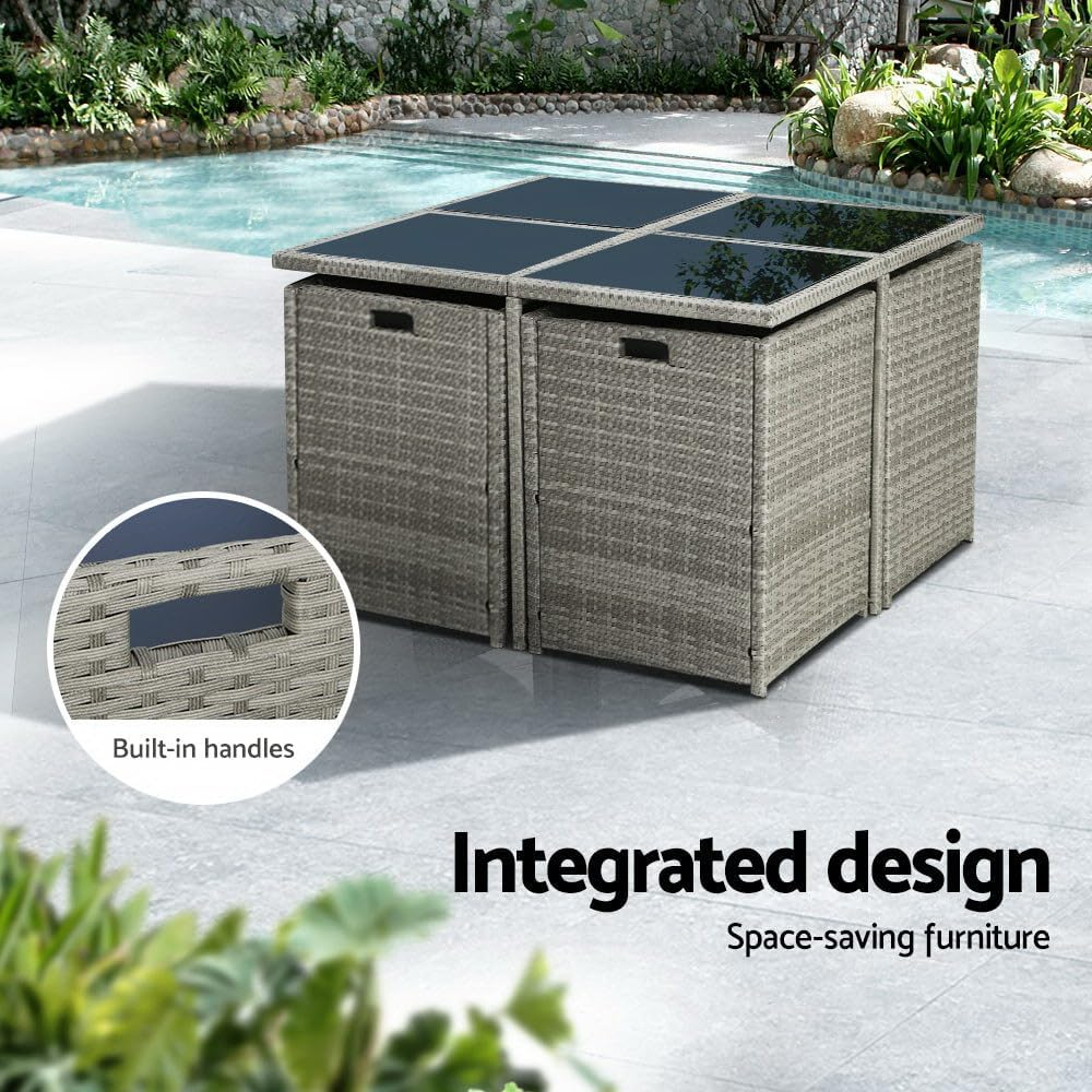 Gardeon Outdoor Dining Set 9Pcs Rattan Wicker Lounge Setting Table and Chairs, Patio Conversation Sets Furniture Garden Backyard, Weather-Resistant Cushions Storage Cover Grey with Ottoman - 13Pcs Hayman - Black image number 6