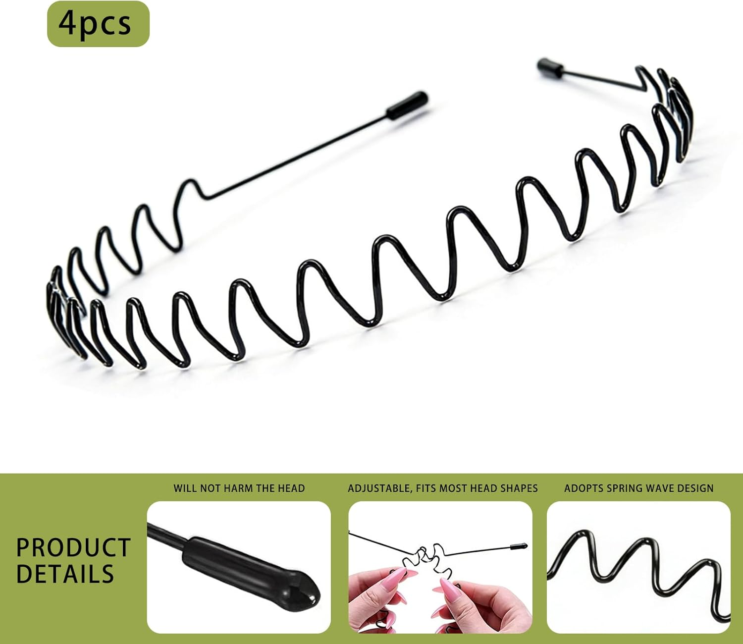 Langtaojin 4-Piece Black Metal Hairbands, Unisex Headwear for Men & Women, Including Headbands, Hair Bands and Men'S Headbands