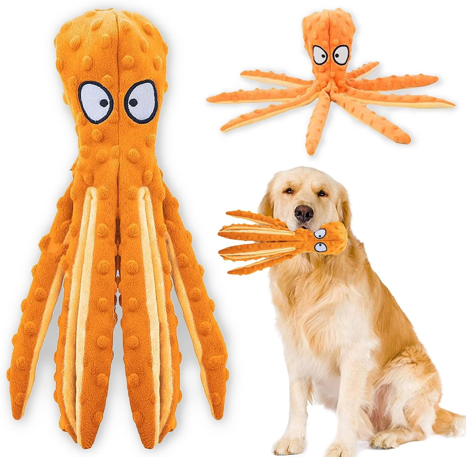 Dog Squeaky Toys，Octopus Interactive Play Toy，No Stuffing Plush Dog Chew Toy with Crinkle Paper for Medium and Large Dog Playing (Orange)