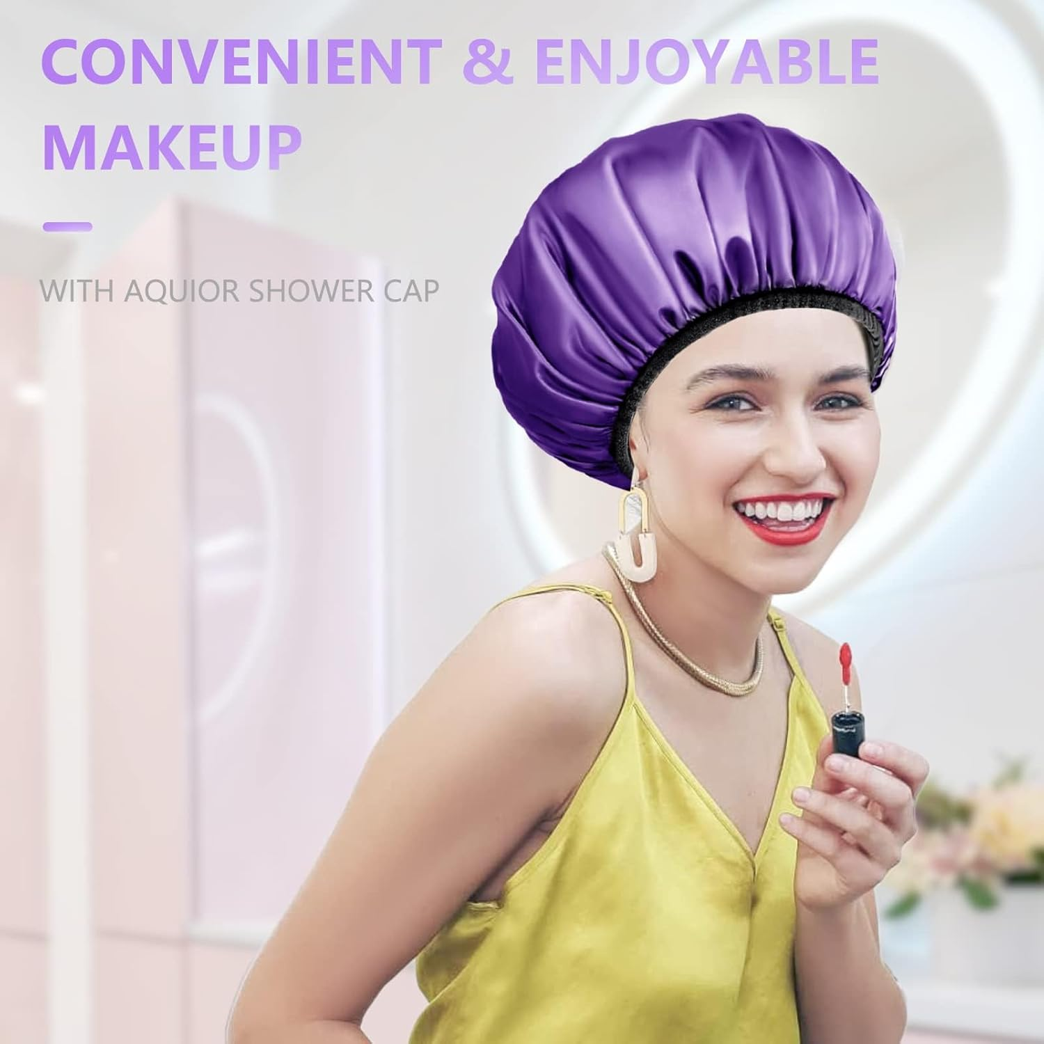 Aquior Shower Cap,Extra Large Triple Layer Bathing Cap with Dry Hair Function for Women Microfiber Terry Cloth Silky Satin 100% Waterproof Reusable Long Hair Bath Caps (Purple) - Blue image number 7