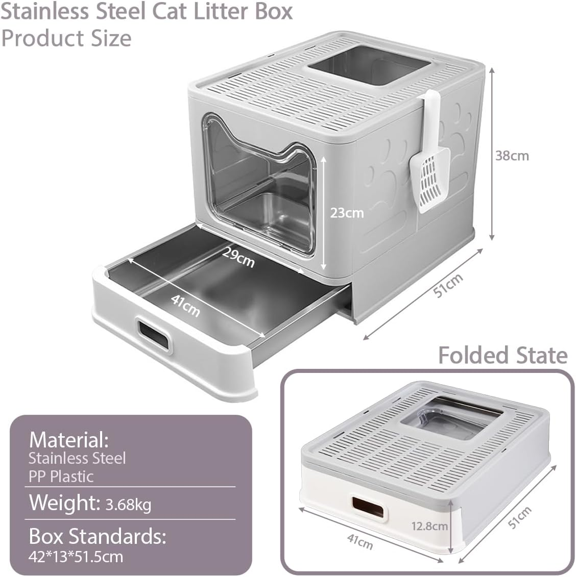 Blissify Enclosed Stainless Steel Litter Box, Large Kitty Litter Tray with Scoop & Drawer Design, Foldable Pet Toilet Box with High Sided, Anti-Leakage, Non-Sticky, Easy Cleaning, Grey image number 3