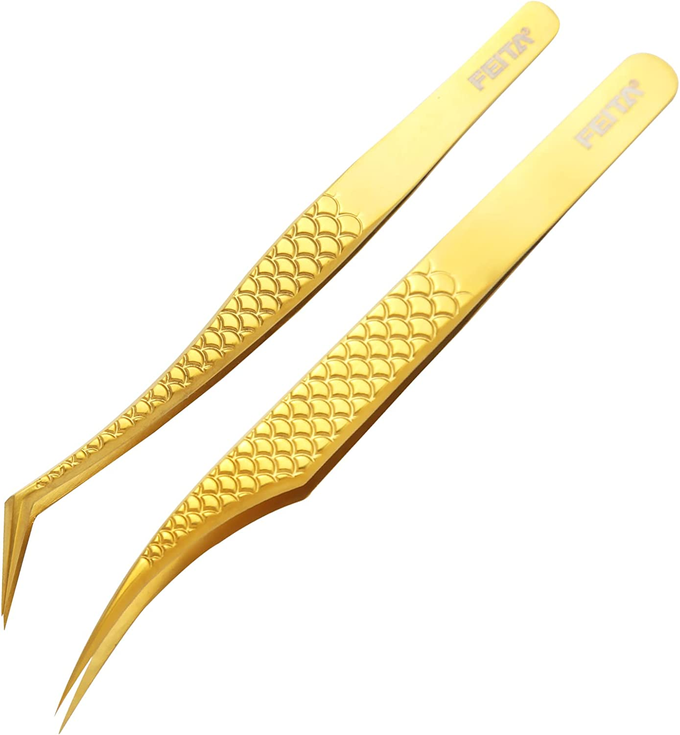 FEITA Diamond Grip Eyelash Extensions Tweezer Lash Precision Tweezers, Japanese Steel Dolphin-Shaped Tip, False Lashes Application Tools, Gold 1Pc