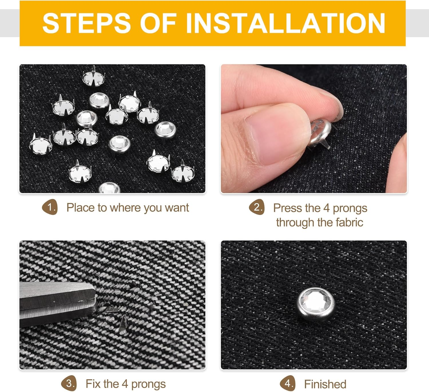 Sourcing Map 120Pcs Rhinestone Stud Refills, 7Mm/0.28" Rhinestone Claw Beads Nailhead, Rivets Metal Spikes Rivet Decorative for DIY Leather Craft Making Purse Clothing Shoes Belt, Black White image number 6